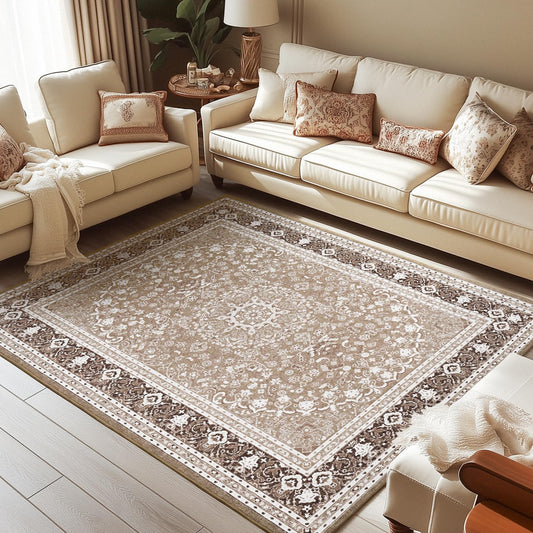 Lessymo 5x7 Area Rugs 5x7, Machine Washable Area Rugs, Super Soft Faux-Wool Area Rug for Living Room Bedroom, Boho Area Rug Vintage Floral Medallion, Non-Slip Low Pile, Kid & Pet Friendly,Brown White
