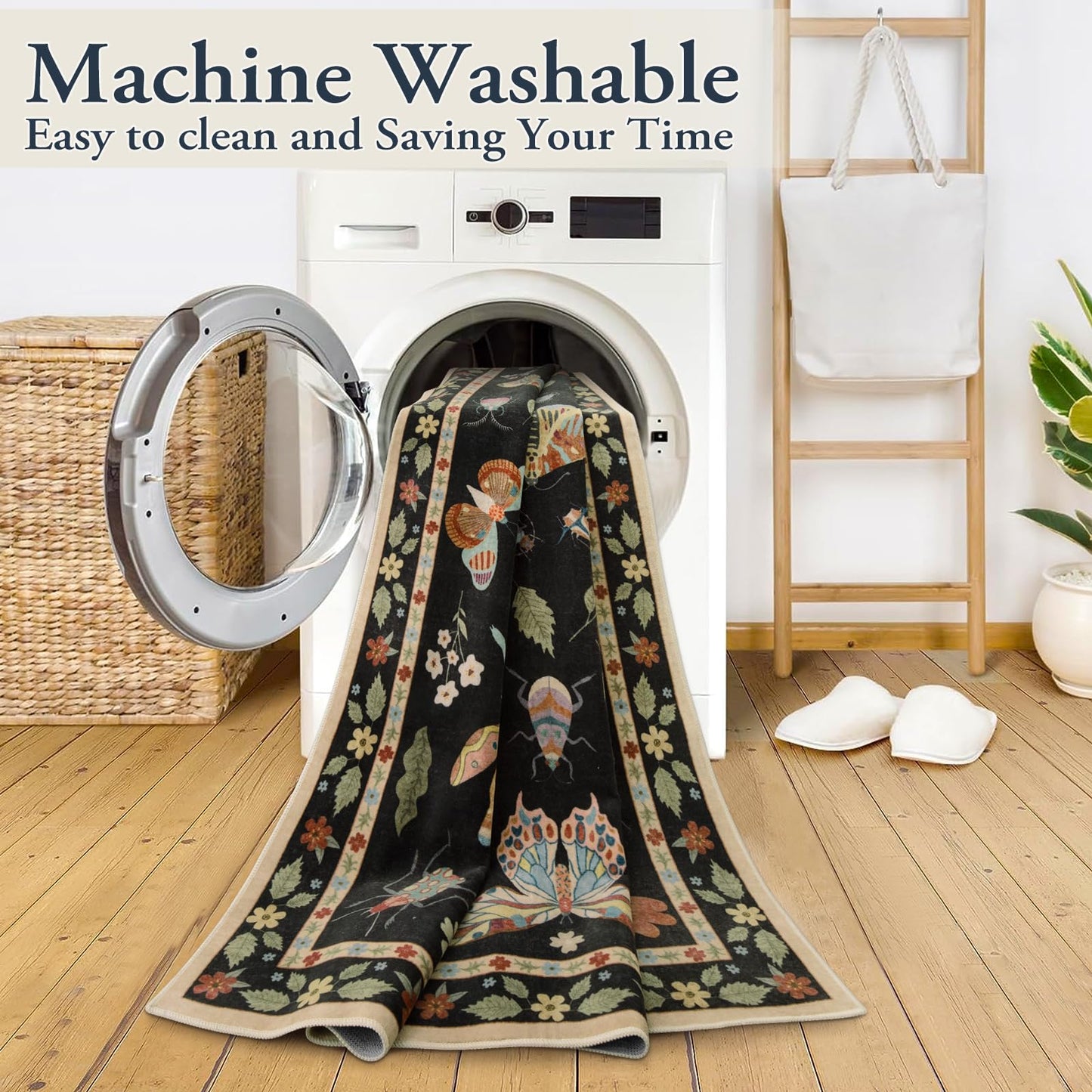 Lahome Insect Washable Round Rugs, Non-Slip Soft Round Rug 4ft Ultra-Thin, Small Boho Circle Carpet for Entryway Kitchen Bedroom Nursery Bathroom Vionnet, Black