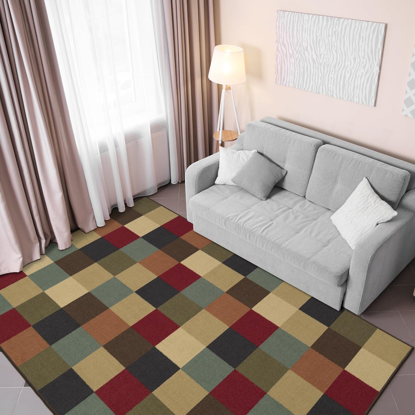 Ottomanson Living Room Area Rug – Non Slip Low Pile Carpet for Bedroom, Office & Family Room, 5' x 6'6", Checkered Multicolor