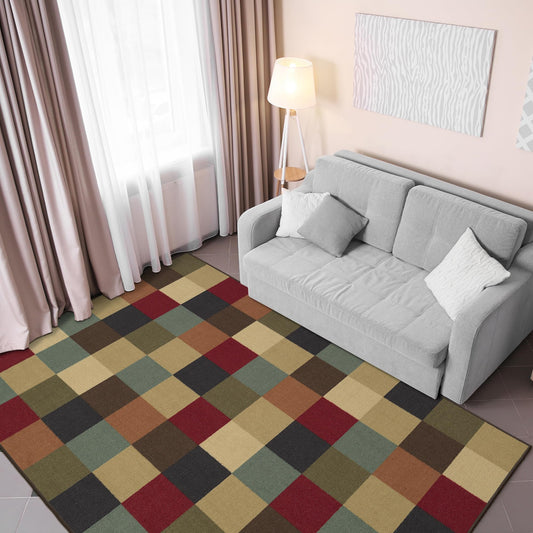 Ottomanson Living Room Area Rug – Non Slip Low Pile Carpet for Bedroom, Office & Family Room, 5' x 6'6", Checkered Multicolor