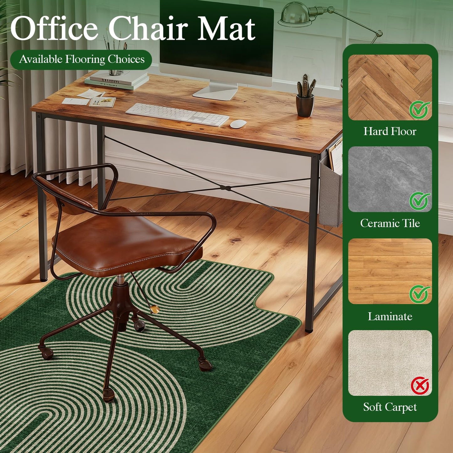 Office Chair Mat for Hardwood Floor & Tile Floor,48"X 60" Heavy Duty Desk Chair Mat for Hard Floors, Under Desk Rug for Rolling Computer Chair,Anti Slip,Low Pile Carpet Protector-Convex Geo Green