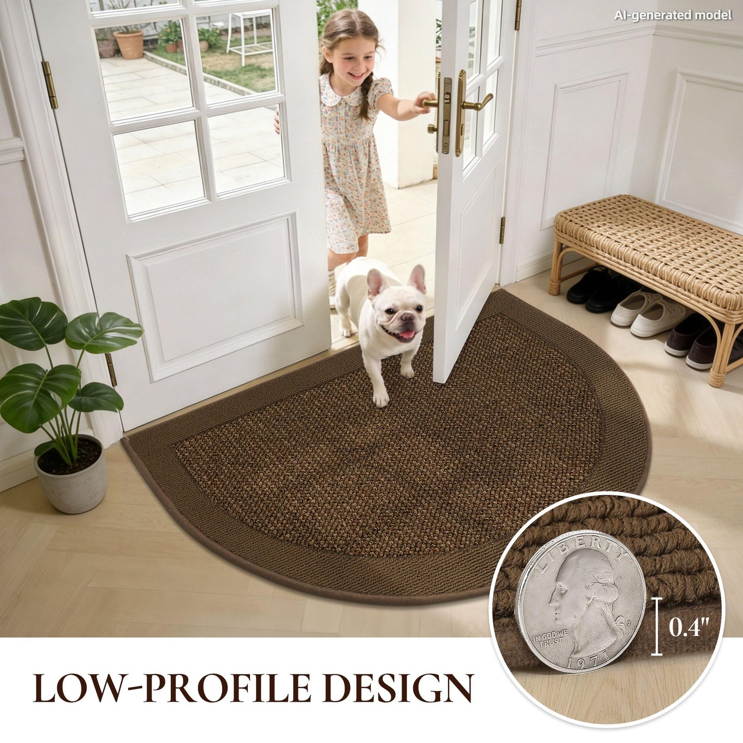 FLOORHUG Half Circle Door Mat Indoor Entrance Welcome, Non-Slip Washable Doormat, Trap Dirt and Moisture, Low Profile Mats for Indoor Entry, 24"x36", Brown