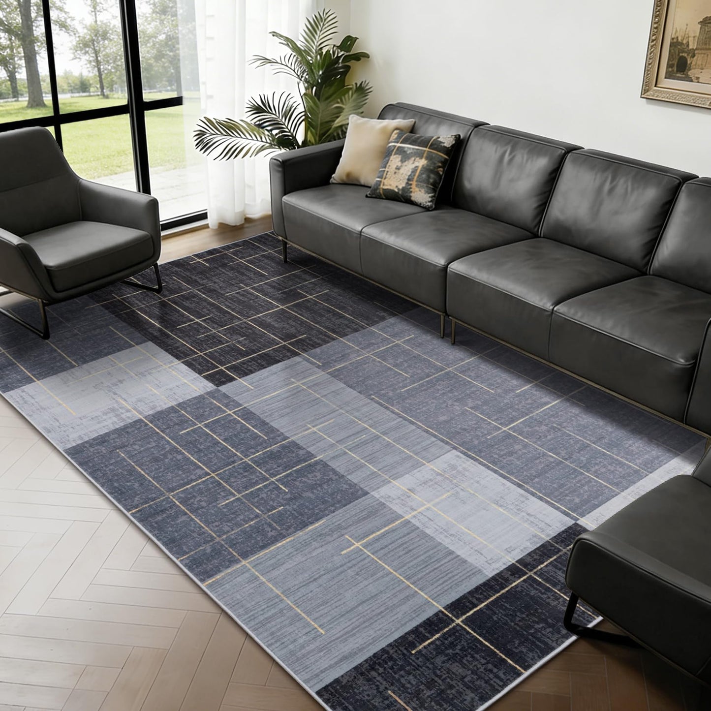 YIHOUSE 6x9 Geometric Checkered Abstract Modern Area Rugs for Living Room,Contemporary Washable Rugs with Gold Striped,Blue and Grey White Carpet for Bedroom Living Room