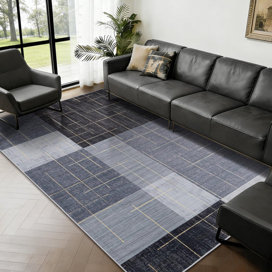 YIHOUSE 6x9 Geometric Checkered Abstract Modern Area Rugs for Living Room,Contemporary Washable Rugs with Gold Striped,Blue and Grey White Carpet for Bedroom Living Room