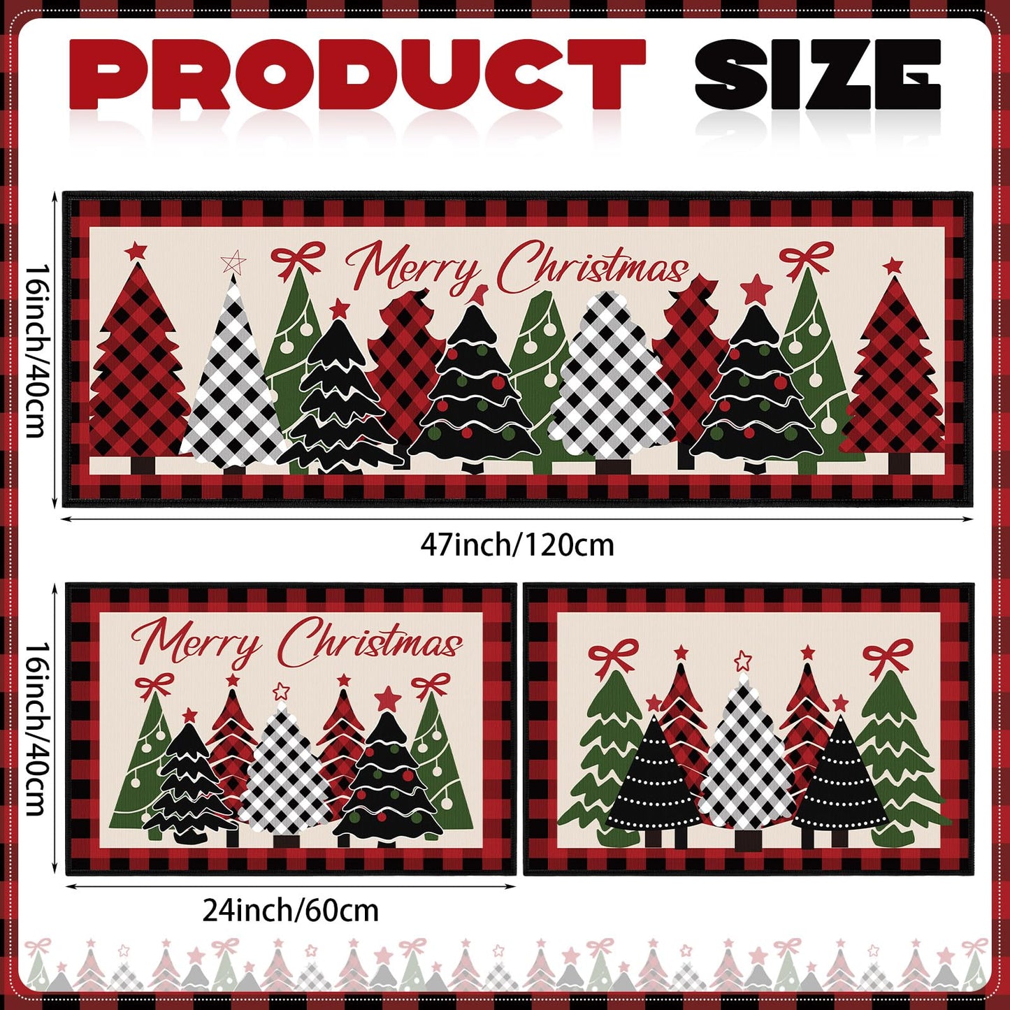 Tinideya 3 Pcs Christmas Tree Kitchen Rug Christmas Buffalo Plaid Kitchen Mats Set Xmas Tree Rugs Indoor Washable Carpet for Home Floor Winter Decor, 16 x 24 Inch and 16 x 47 Inch