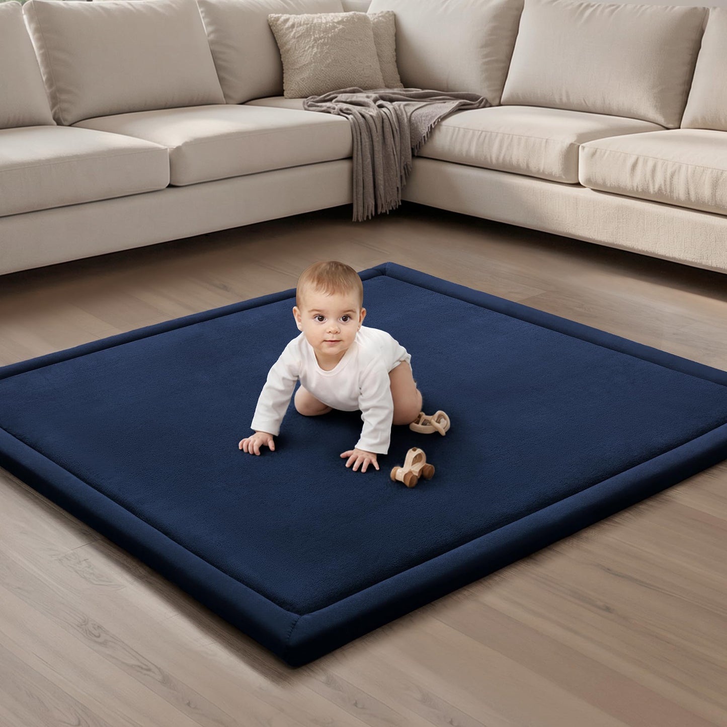 Goyuu Ultra Soft 1.3" Thick Baby Play Mat for Floor, 50x50 Playpen Mat Elasti-Foam Padded Crawling Mat for Babies, Toddlers, Infant, Kids, Non-Slip Backing Safe for Tummy Time, Dark Blue