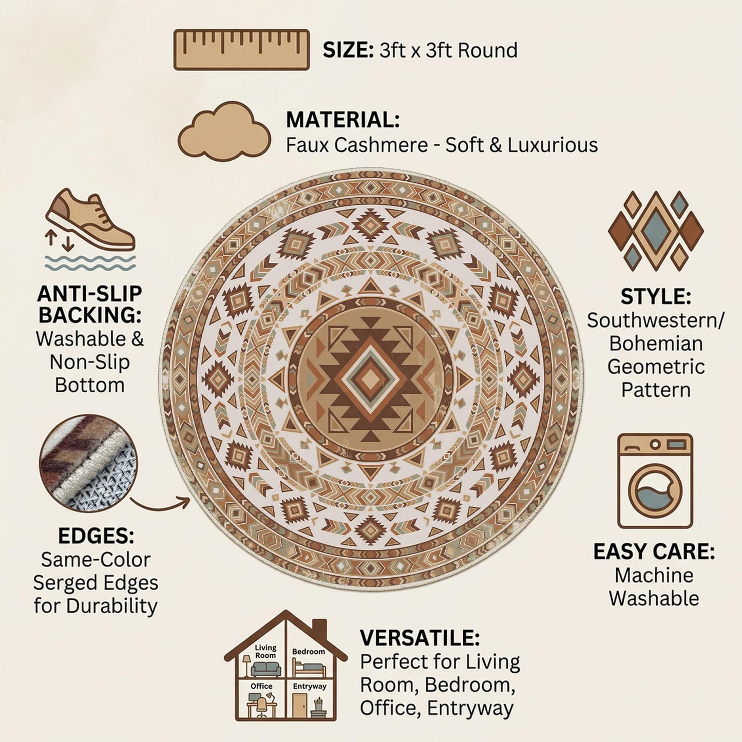 Doteon 3ft Southwestern Round Rug, Geometric Tribal Circle Carpet, Soft Faux Cashmere Non-Slip Rug for Bedroom and Entryway