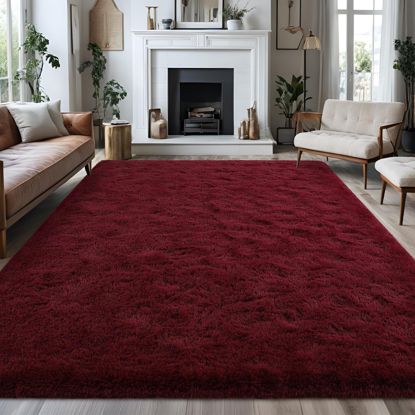 FALARK Fluffy Burgundy Red 8x10 Large Area Rugs for Living Room, Soft Plush Dark Red Rug for Living Room Decor, Big Shaggy Floor Carpet, Thick Non Slip Rectangle Carpets for Home Decor