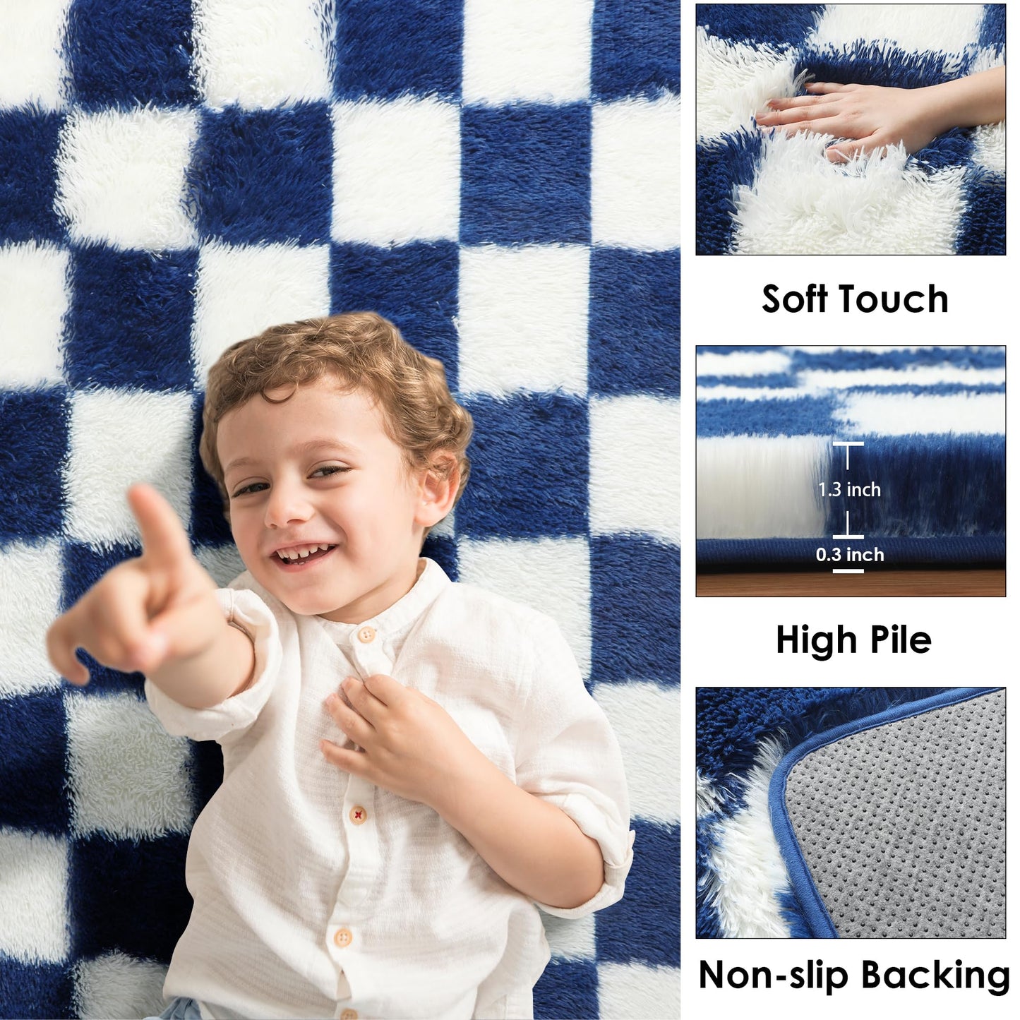 KICMOR Navy Blue and Cream White Rugs for Living Room, 4x6 Fluffy Fuzzy Shag Checkered Rug Shaggy Carpet for Bedroom, Soft Plush Area Rug for Nursery Toddler Room Classroom Study Room Kids Room