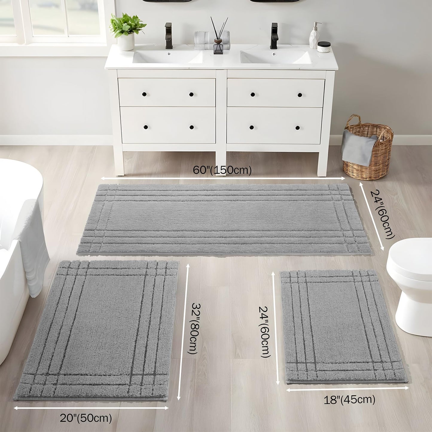 TANVILL Gray Bathroom Runner Rugs, Non-Slip Extra Long Bath Mat