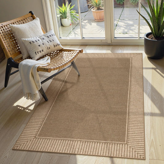 Moynesa Brown Striped Border Easy Jute Indoor Outdoor Entryway Rug 3x5, Washable Patio Rug Non Slip with Rubber Backing, Farmhouse Modern Carpet for Balcony Backyard Bedroom Living Room Dining Room
