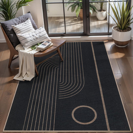 Tangsoo Geometric Line 3x5 Easy Jute Rug for Living Room,Washable Ultra Thin Area Rug Non-Slip Black Outdoor Mat,Boho Rainbow Front Door Carpet for Front Porch Entryway Bedroom Patio