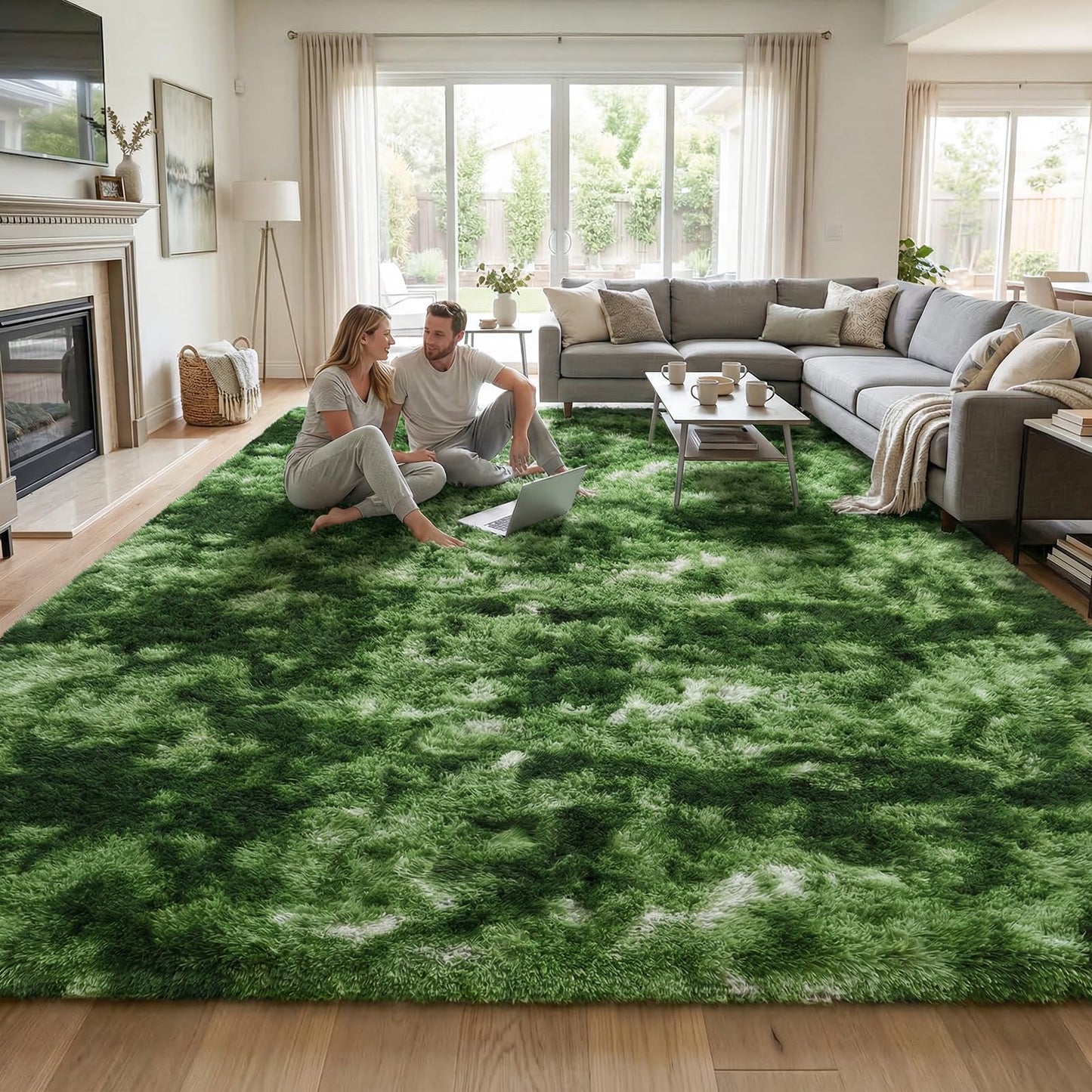 DweIke Fluffy Dark Green Rugs for Bedroom Living Room, 3x5 Feet Soft Plush Shaggy Tie-Dyed Forest Moss Green Girls Boys Kids Rug, Non-Slip and Machine Washable Carpet for Dorm Nursery Decor