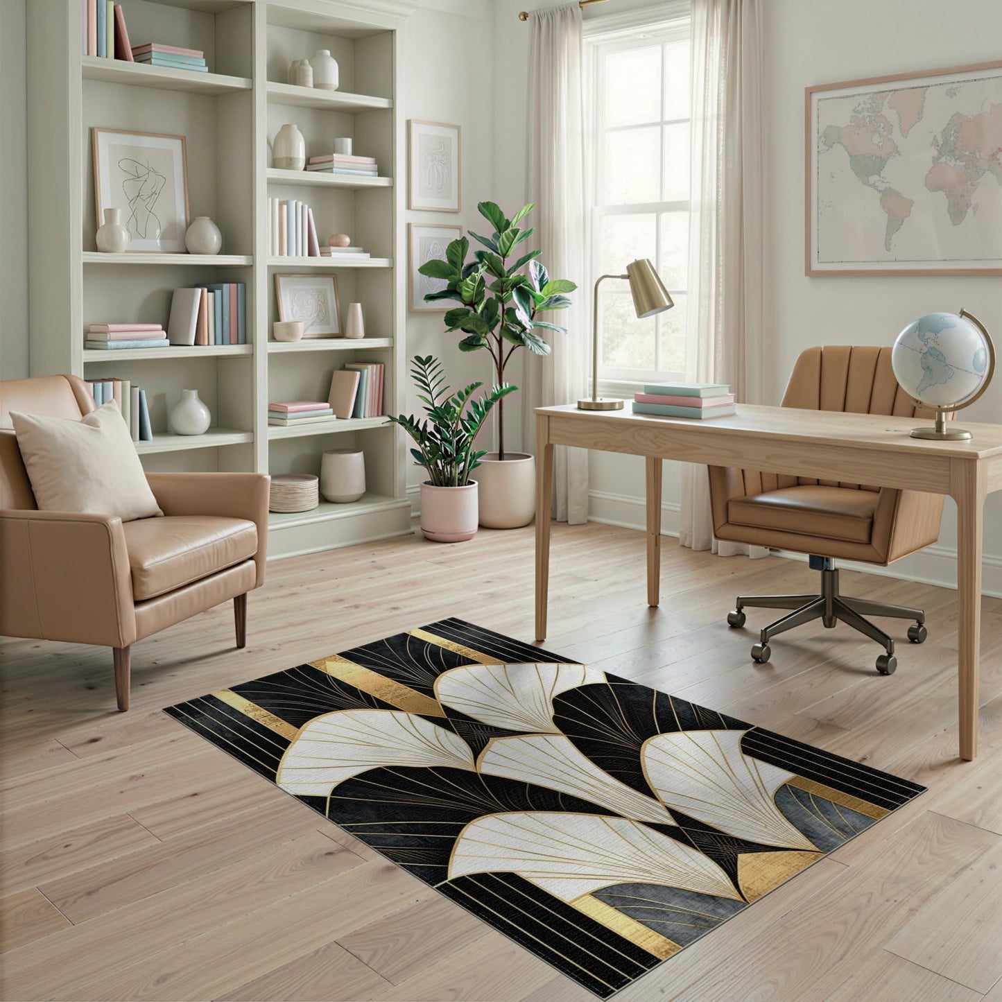 Flatwoven High Traffic Area Rug 4x6, Art Deco Inspired Rug with Stylized Fan Motifs and Angular Linework Design, Non Slip, Stain Resistant, Washable Area Rugs for Living Room, Bedroom (Black, 4x6)