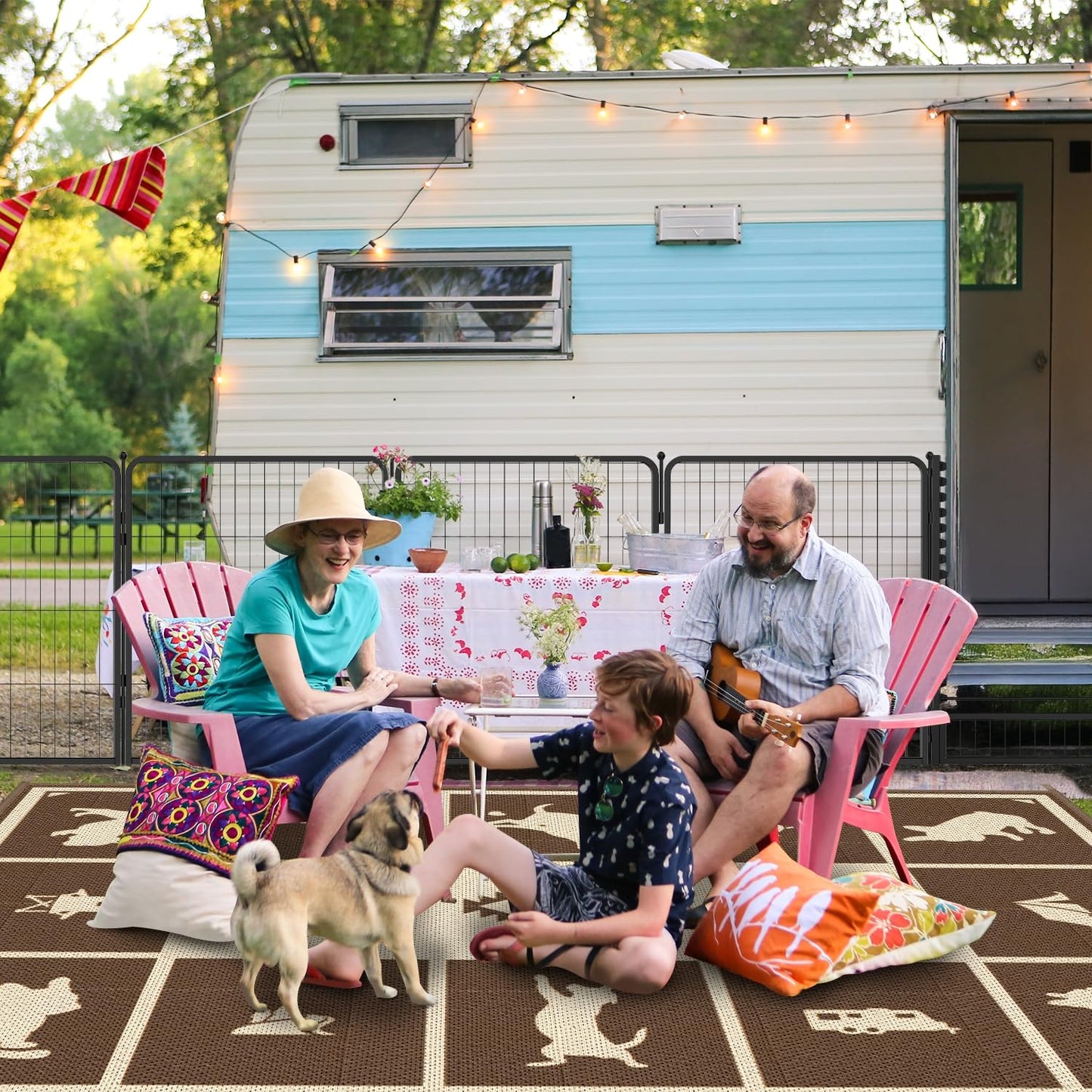 FXW Camping Rug, 6' x 9' Large Waterproof Portable RV Mat, Easy-to-Clean Straw Plastic Mat for Outdoor, Patio, Backyard, Deck, Picnic, Beach, Trailer, Brown & Beige