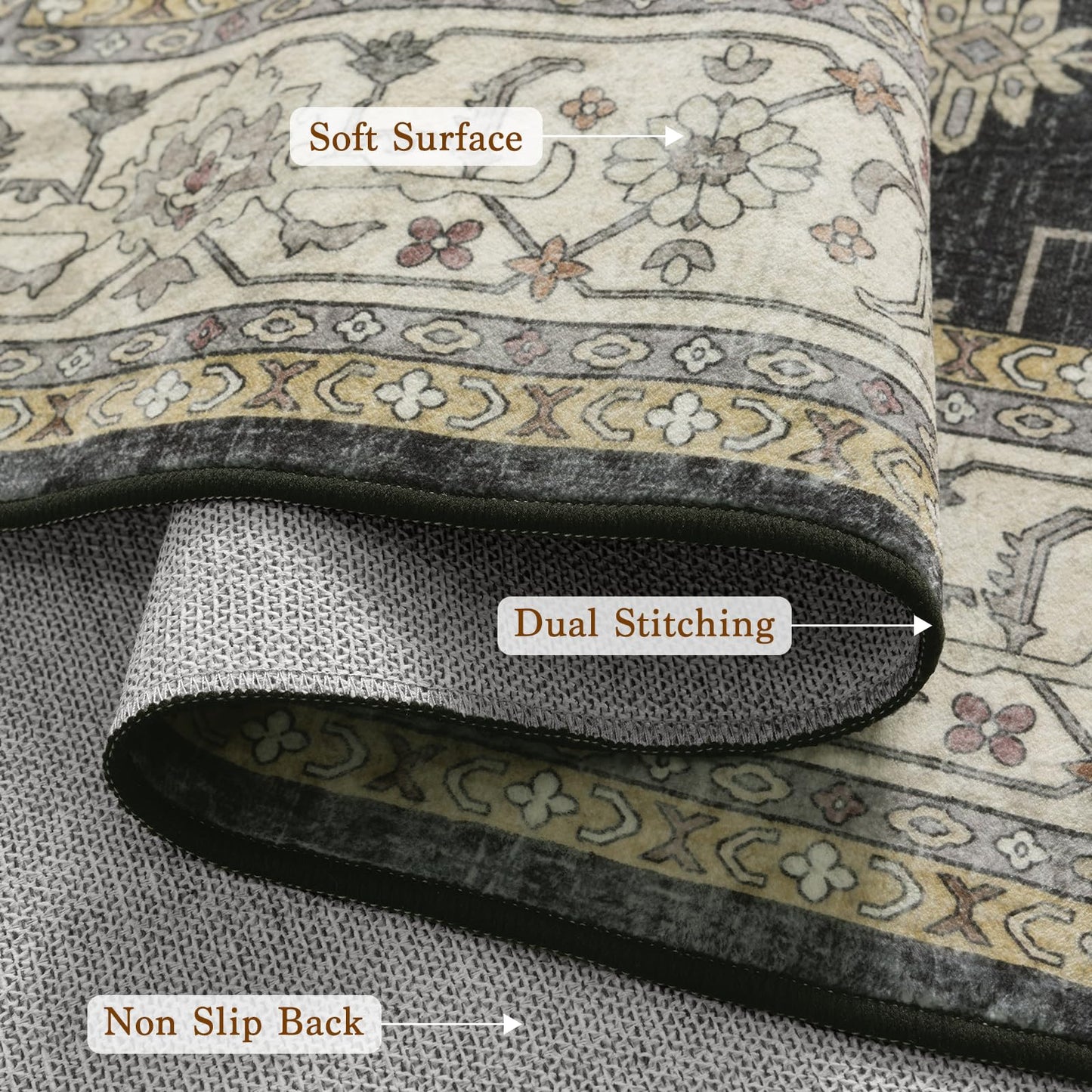 LBRO2M Black Washable Rugs 8X10 for Living Room Bedroom Office Farmhouse Non Slip Vintage Area Rugs Easy Clean, Stain Resistant Carpet Low Piles Great for Pets and Family (8'X10' Charcoal Black)