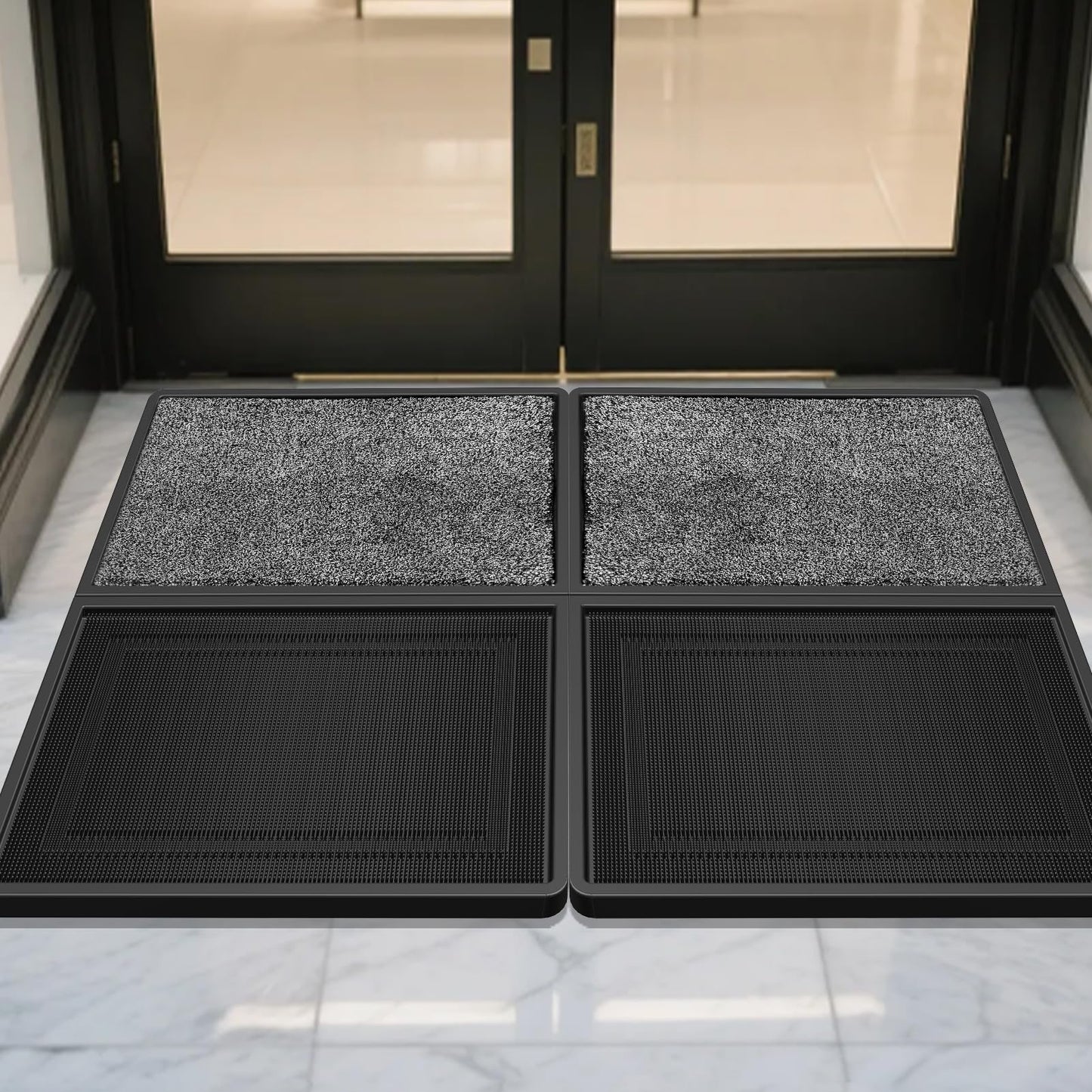 BEHERO Front Door Mat Outside Entrance - 2-in-1 Wet & Dry Dual Deep Cleaning Shoe Mats, Heavy Duty Indoor and Outdoor Welcome Matt, 16" x 47"/24" x 31.5" Variable-Size Disinfectant Mat for Entryway