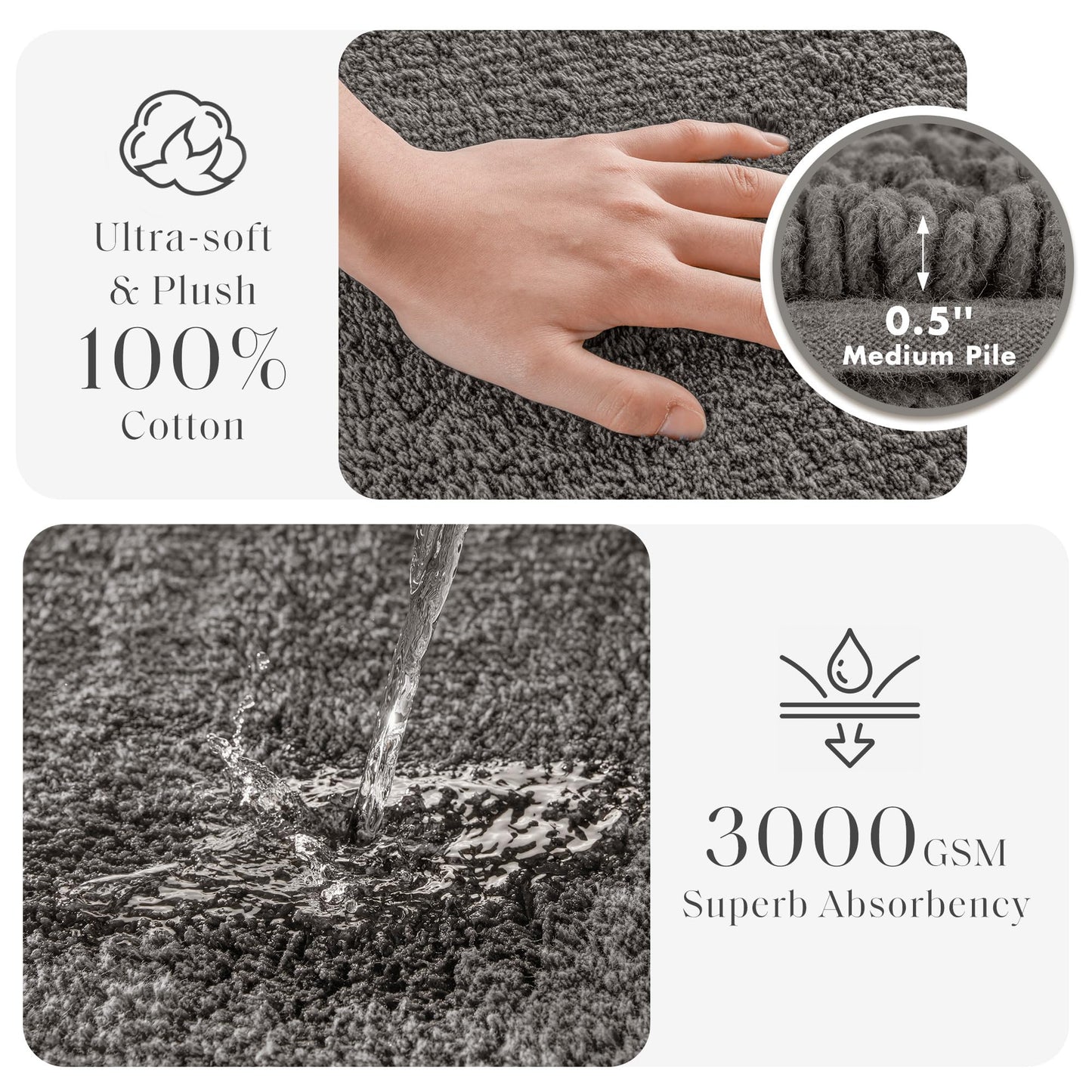 Madison Park Splendor Reversible 100% Cotton Tufted Bathroom Rug-3000 GSM Hotel Quality Luxurious Plush Medium Pile Bath Mat Absorbent, Quick Dry, Shower Room Décor, 21x34, Charcoal