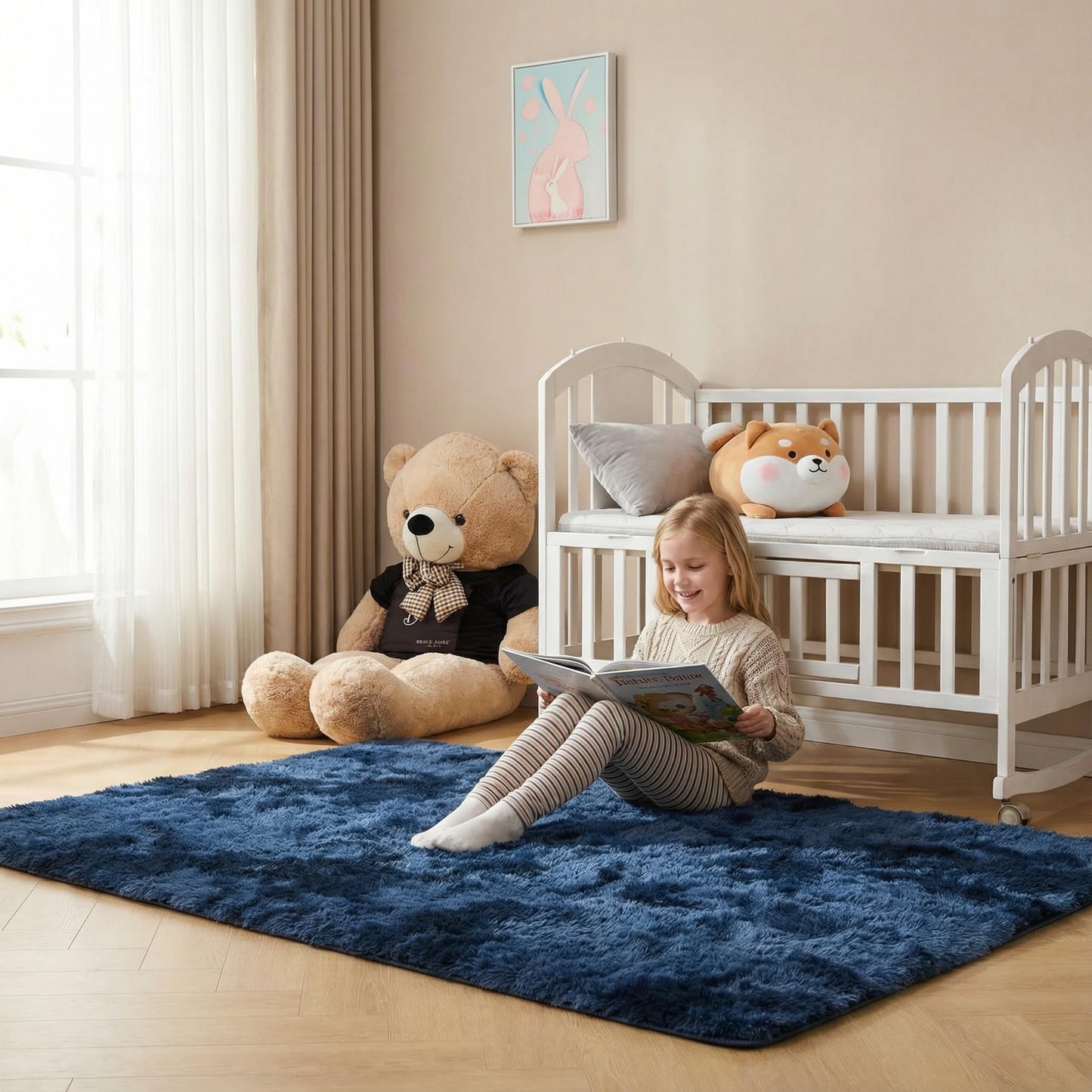 duduta Navy Blue Fluffy Bedroom Rug 3x5 ft, Tie-Dye Shag Plush Area Rug for Nursery Playroom Dorm Living Room Decor