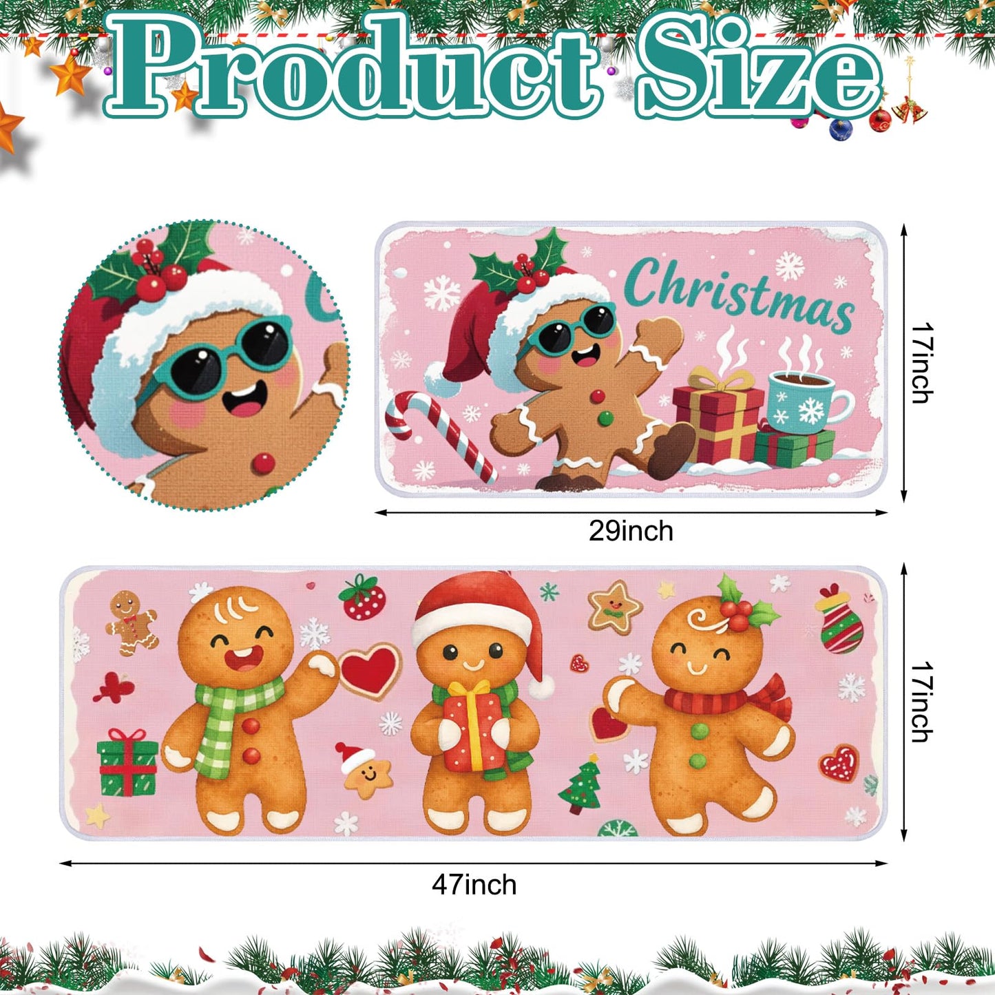 Dunzy 2 Pcs Christmas Gingerbread Man Kitchen Rugs Set Pink Gingerbread Christmas Decor Cute Xmas Kitchen Mats for Floor Door Home Party Decorations Winter, 16 x 29+16 x 47 Inches