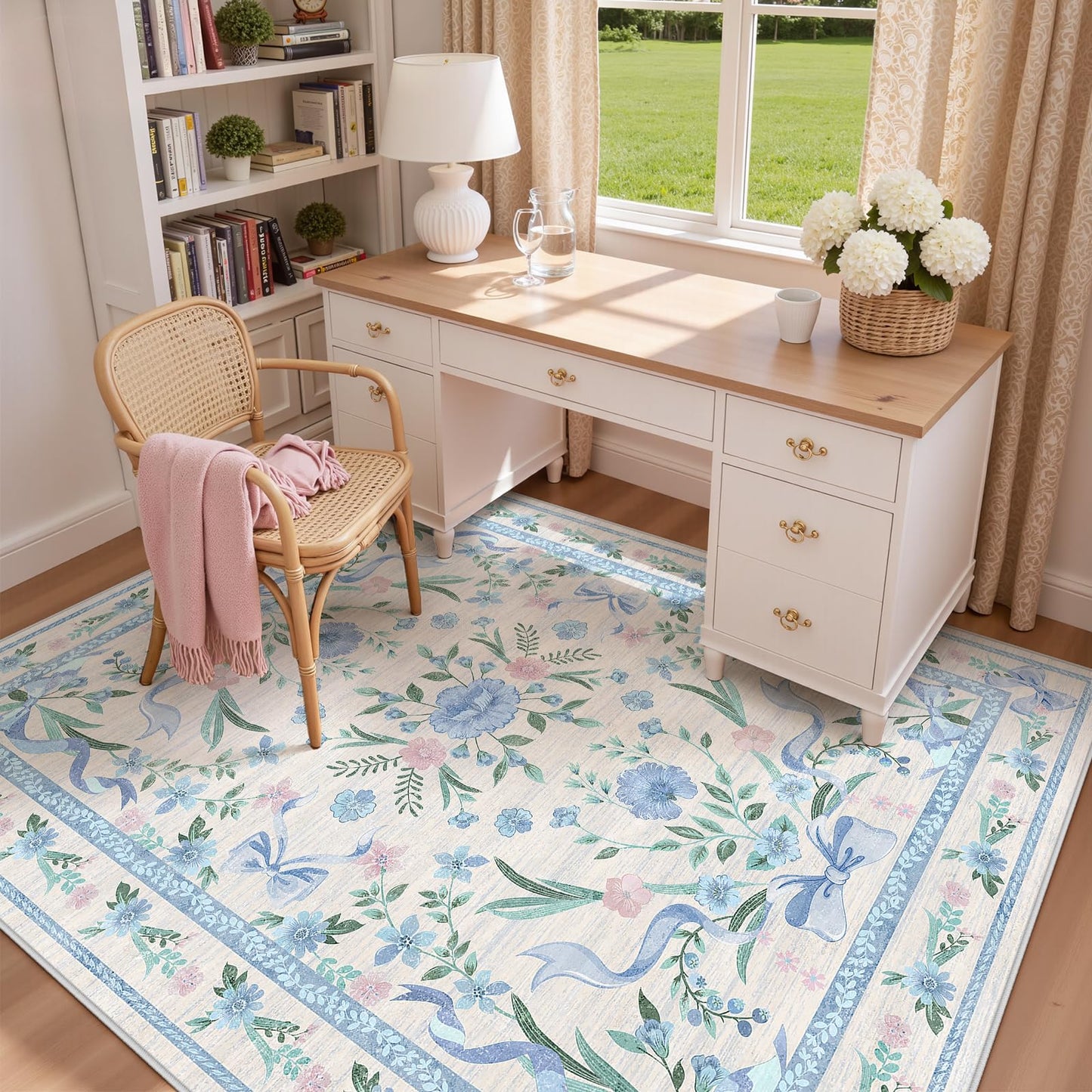 Blue Floral Rug 5x7 for Girls Bedroom or Nursery, Cute Bow Washable Area Rug, Ultra-Thin Non Slip Carpet for Kids Room, Dorm or Playroo