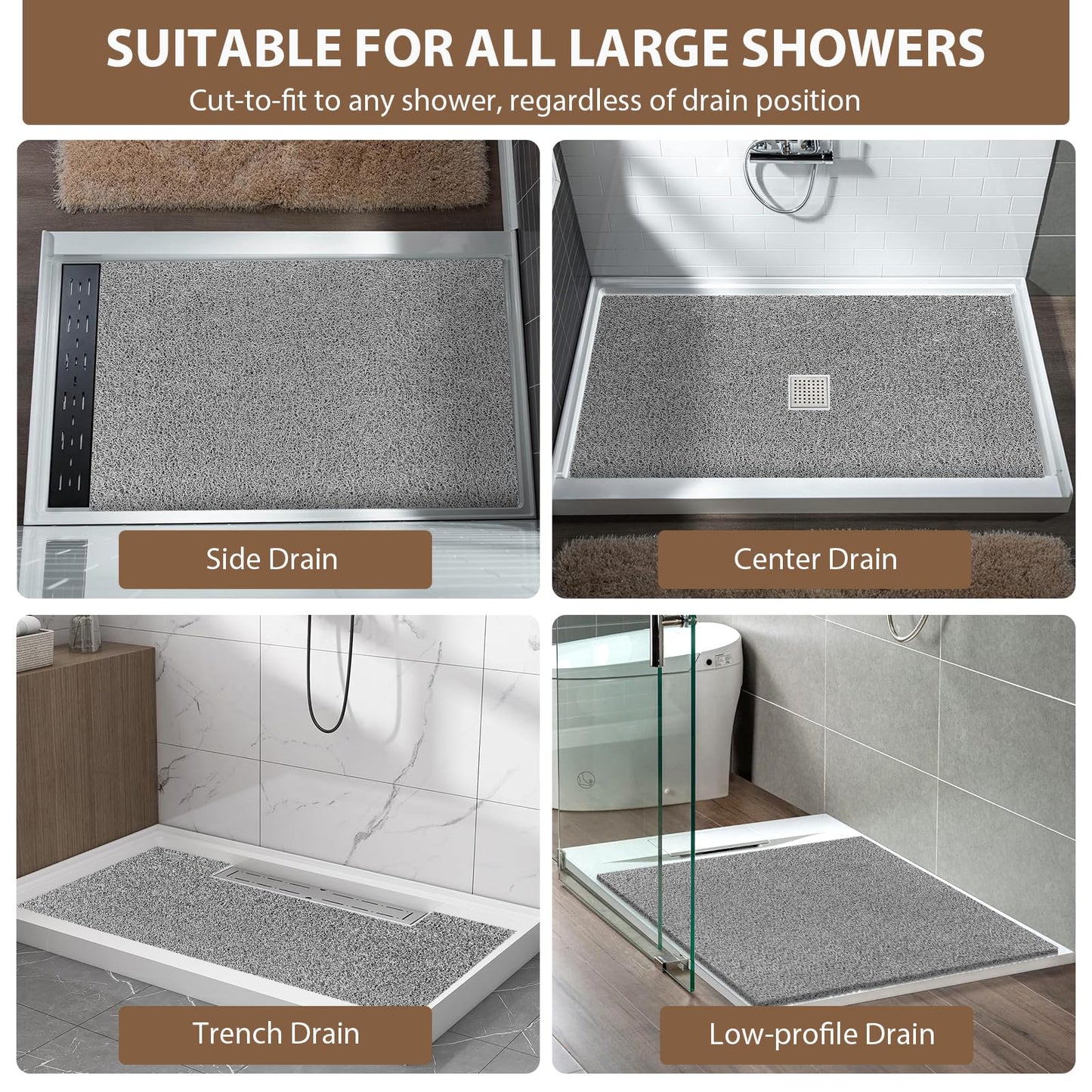 Shower Mat Non Slip: 35.4 x 23.6 Inch Extra Large Shower Mats for Inside Shower with Drain Hole - Soft PVC Loofah Anti Slip Shower Stall Mat for Walk-in Shower and Bathroom, Quick Drying