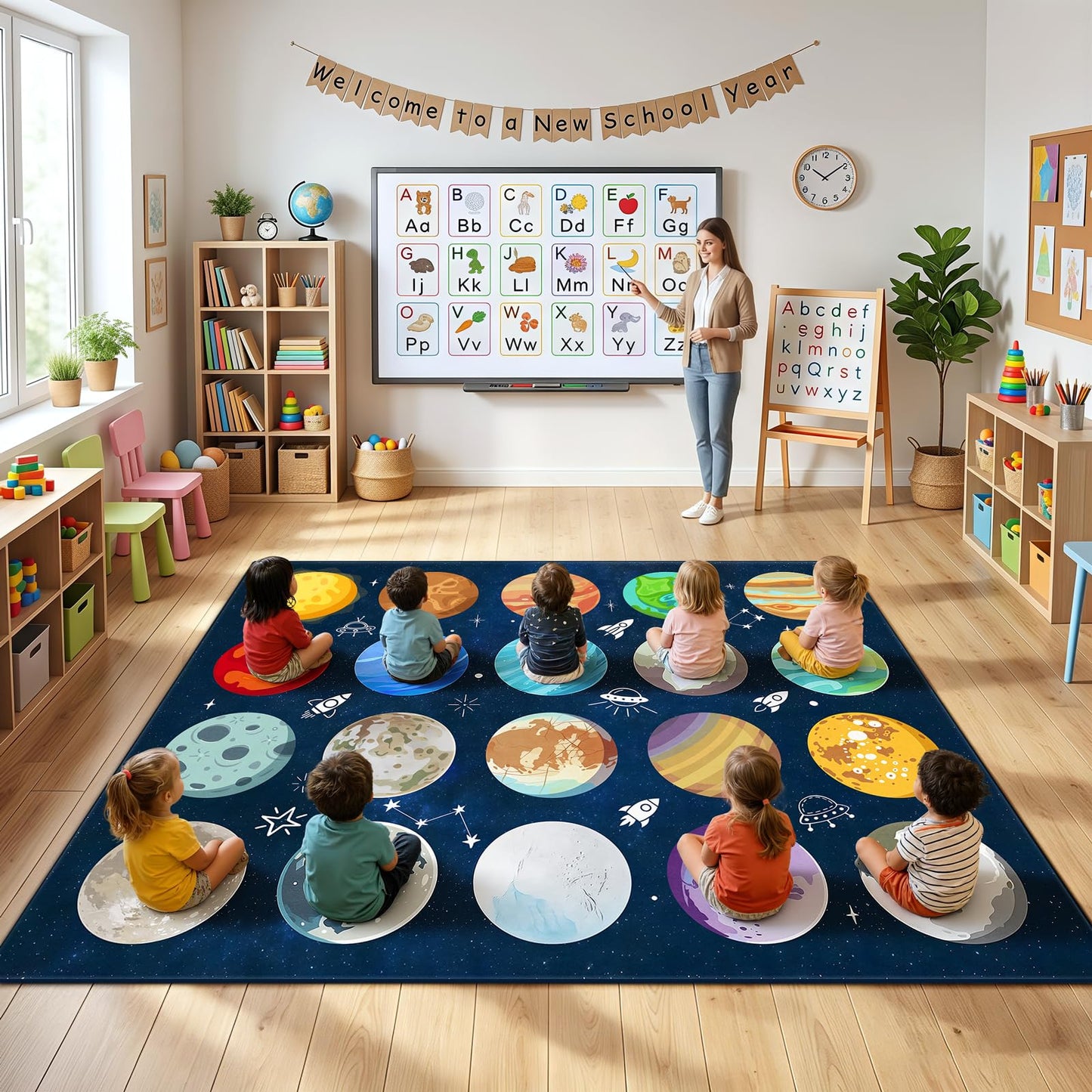 Kimicole 20 Seats Classroom Rugs for Elementary Preschool 8x10 Planet Blue