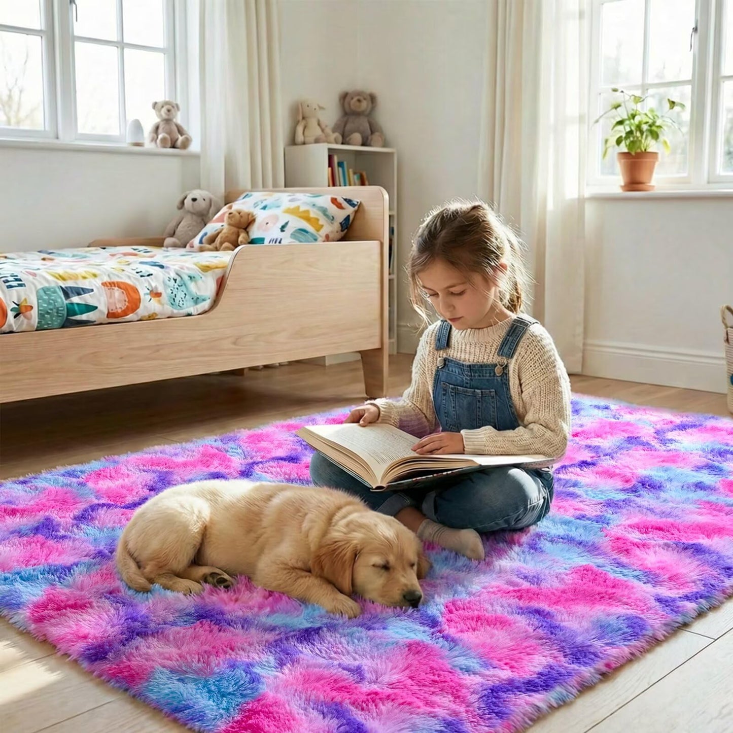 junovo 4x6 Washable Area Rug for Girls Bedroom Living Room, Tie-Dyed Hot-Pink Soft Non-Slip Fluffy Rugs, Shag Plush Memory Foam Carpet for Kids Room Baby Nursery Home Decor