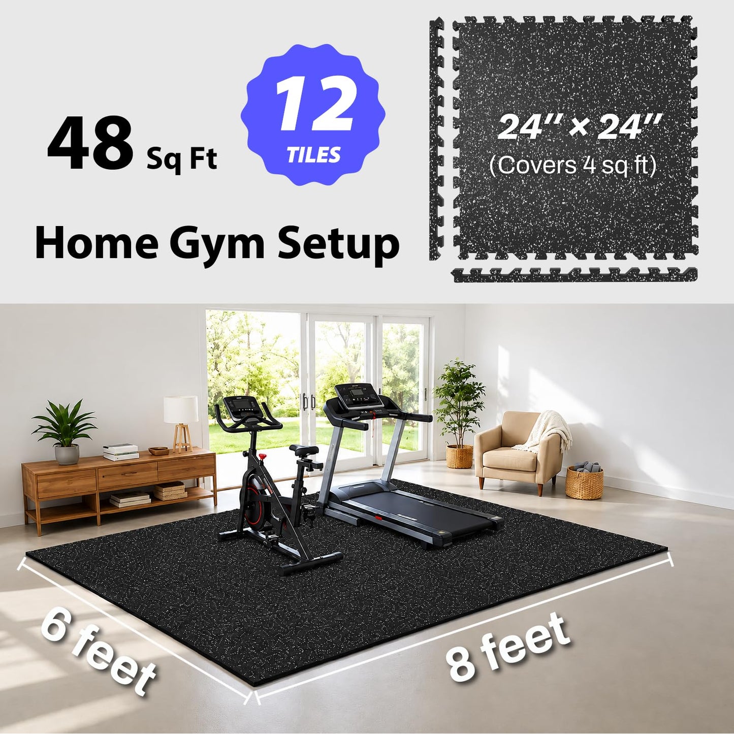 AIRHOP 1'' Ultra-Thick 48 Sq Ft Rubber Top Gym Flooring for Home Gym, 12 Tiles High Density EVA Foam Exercise Mats, Interlocking Puzzle Mats for Home Workout, Floor & Equipment Protection, Black/White