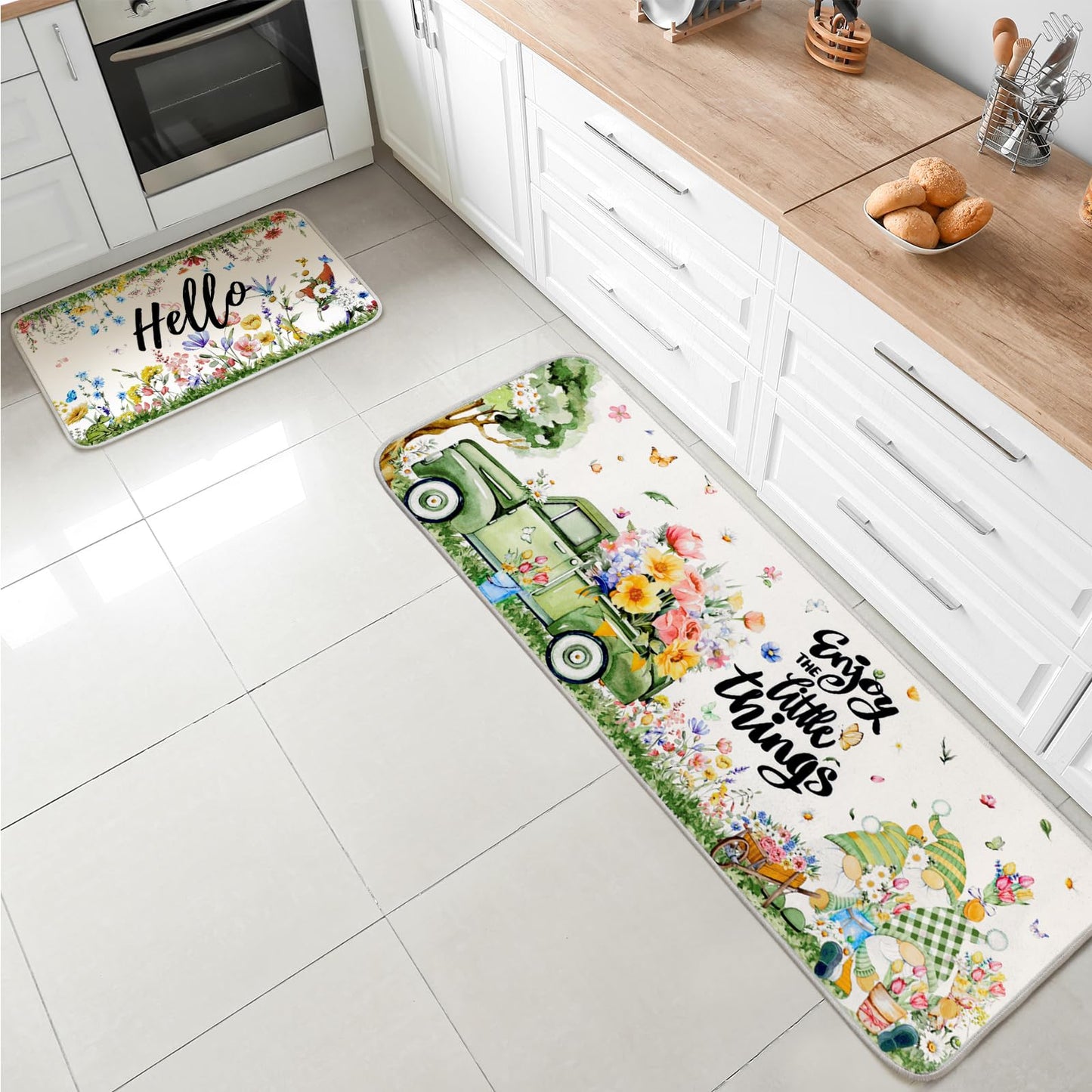 Maasechs 3 Pcs Hello Spring Kitchen Rugs and Mats Set Farmhouse Spring Floral Gnome Rugs Non Slip Washable Spring Floor Mats Rubber Backing Carpet Runner Rug Spring Kitchen Decor for Home Indoor Decor