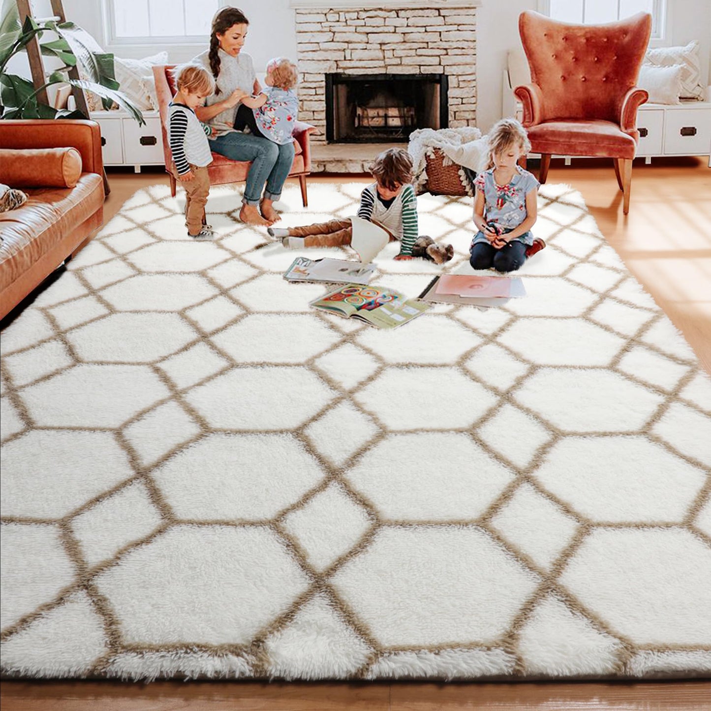 ONASAR Rugs for Living Room Bedroom, 5x8 Fluffy White and Beige Area Rug, Geometric Boho Soft Plush Shaggy Floor Carpet Mat for Nursery Kids Girls Boys Teen Dorm Home Decor Aesthetic