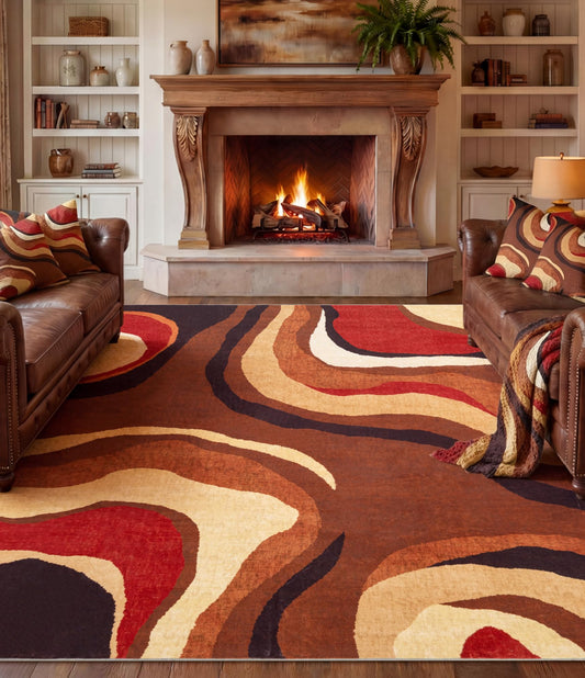 YIHOUSE Burnt Orange Rug 8x10 Washable,Alfombras para Salas,Farmhouse Brown Retro Carpets,Geometric Abstract Wavy Rug for Living Room,Unique Colorful Rugs for Bedroom,Dining Room