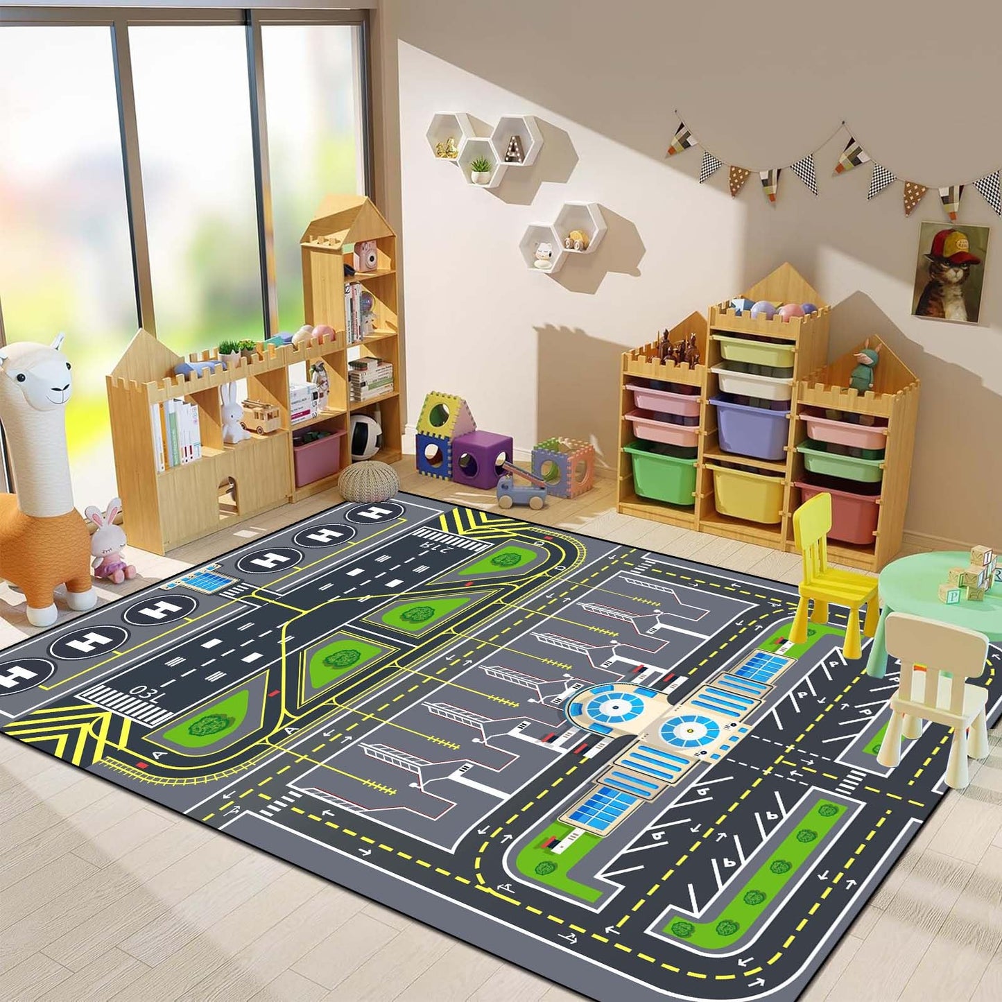 Xyrjova Play Rug for Kids Playroom 31''x47'' Airport Playmat Airplane Rug Airport Carpet with City Road Traffic System and Aircraft Runway，Non-Slip Washable Classroom Rugs Car Rugs Airports Mat