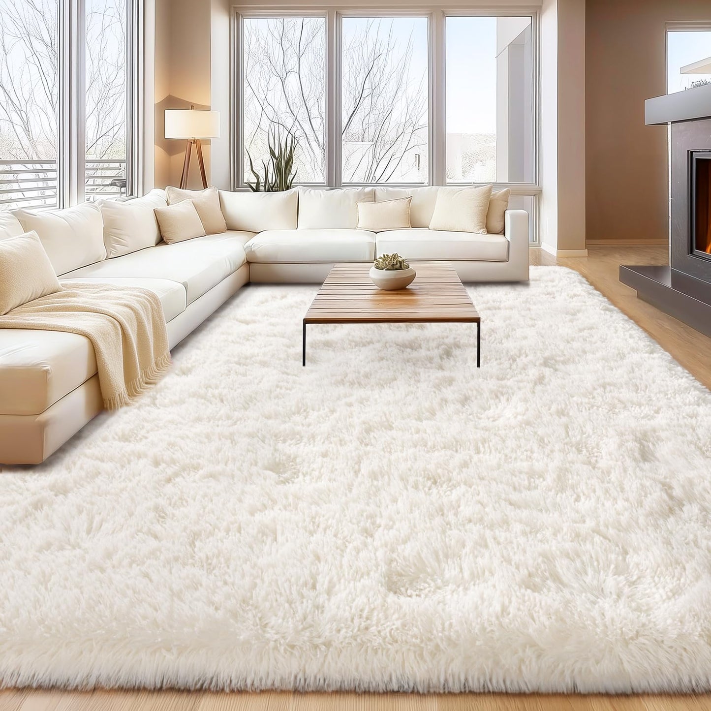 Cream White Plush Rug for Living Room Fuzzy Carpet for Bedroom Dorm, Non-Slip High Pile Rug, Shag Rug for Playroom Nursery Home Office Decor 8X10 Ft
