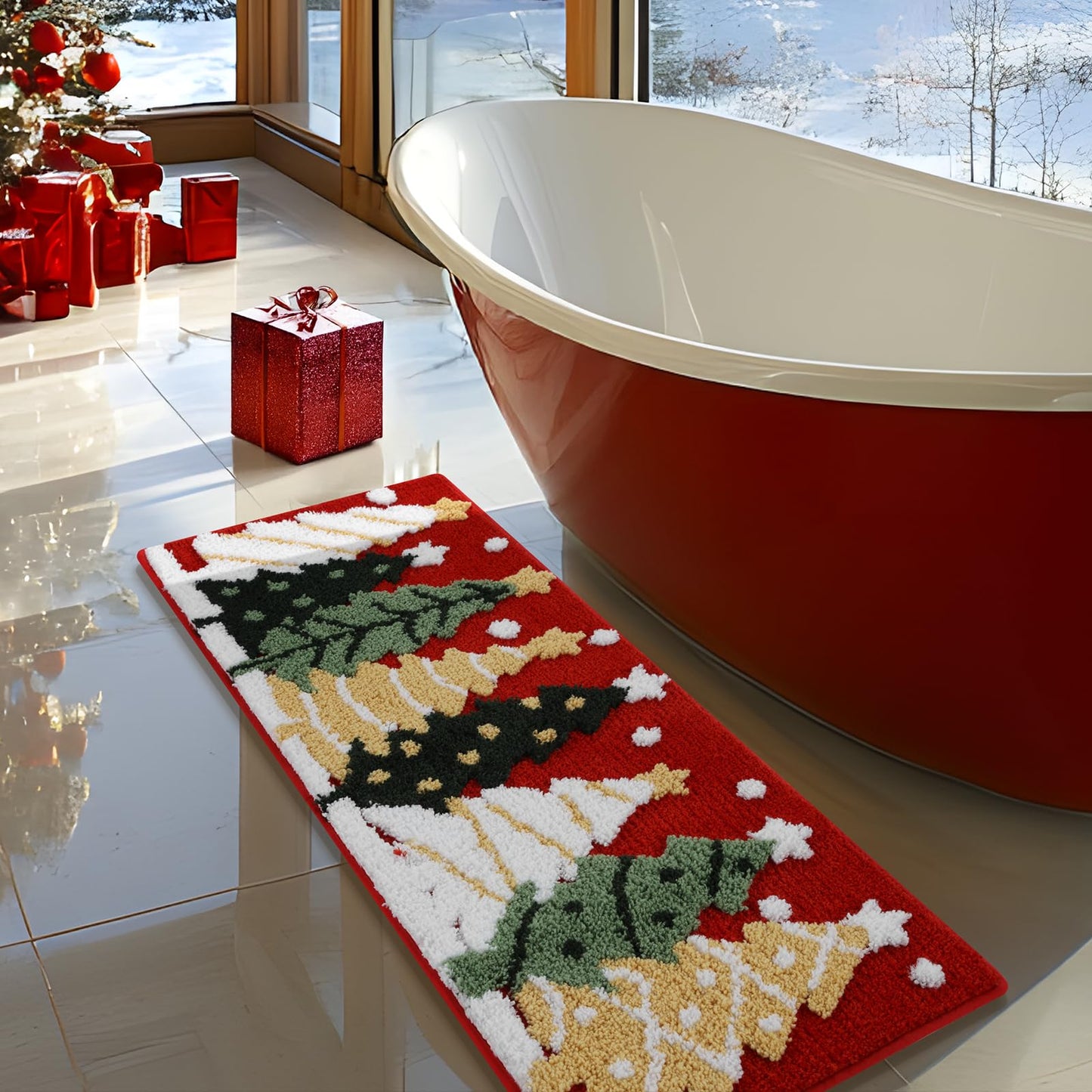 Moutina Christmas Tree Bathroom Runner Rug 18x45 Inch, Winter Soft and Absorbent Tufted Xmas Snowflake Bath Mat Non Slip Washable, Christmas Bathroom Decor Rug Red Holiday Decorations