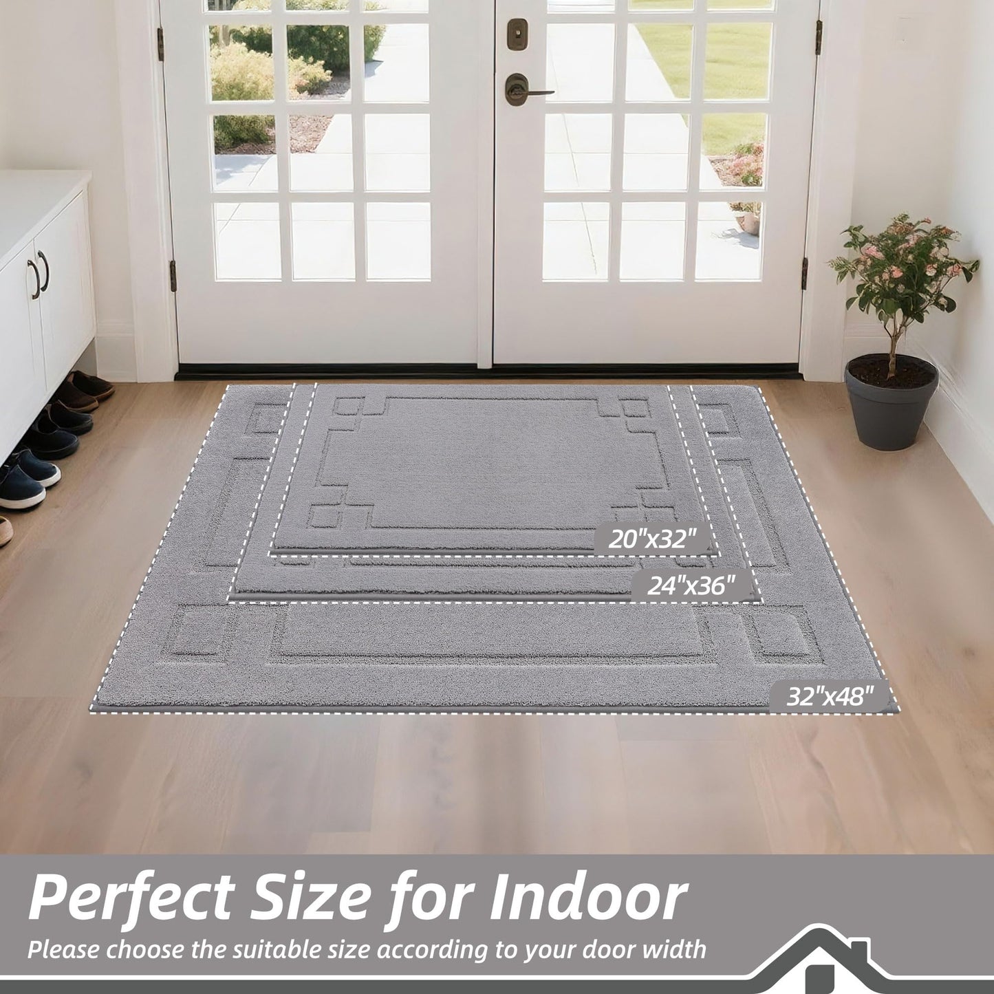 BEQHAUSE Door Mat 32" x 48", Non-Slip Door Mats Indoor Entryway Rugs Washable Low-Profile Absorbent and Dirt Trapper Floor Mats, Dog Door Mat for Front Back Door, Mud Wet Shoes & Paws, Light Grey