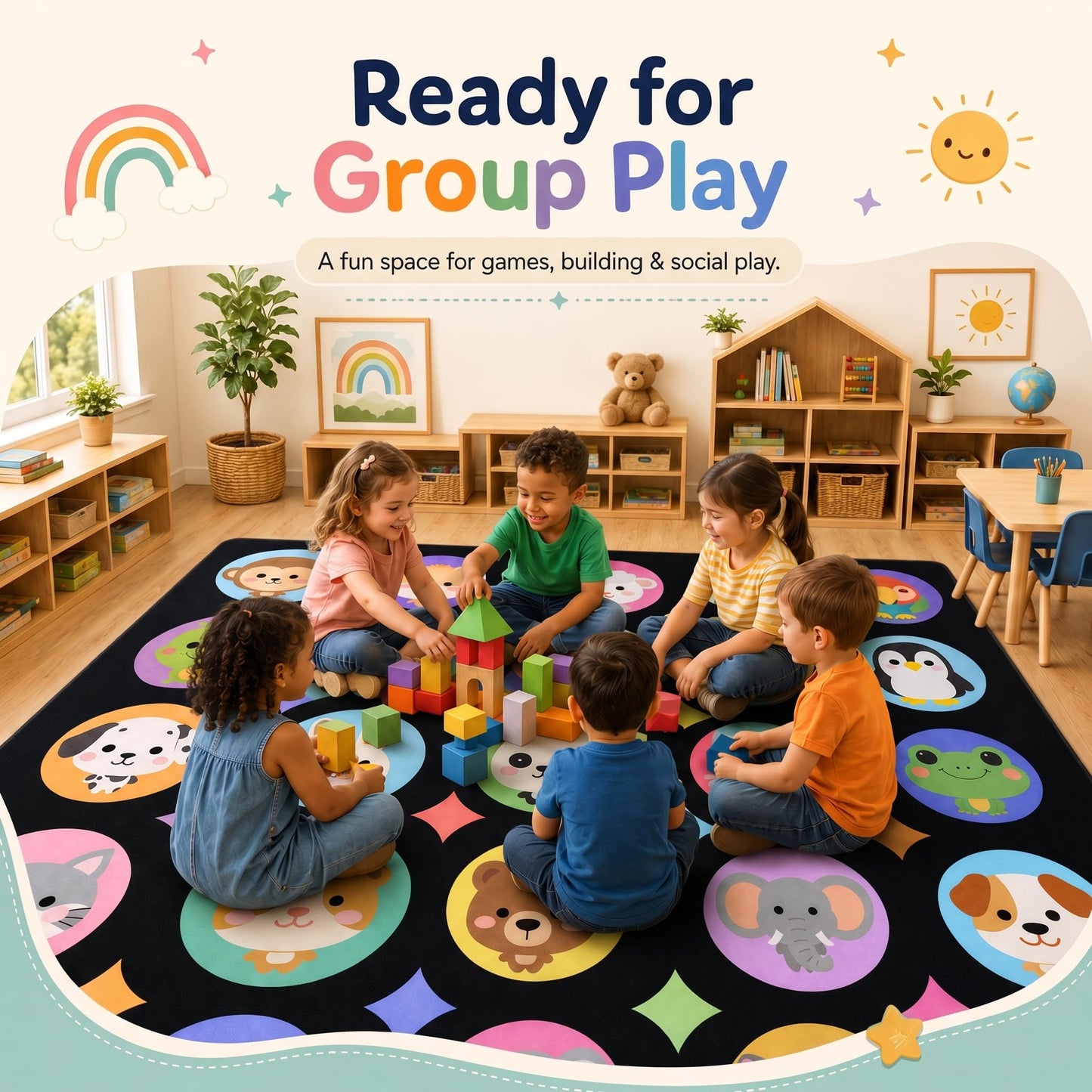Kimicole 20 Seats Classroom Rugs for Elementary Preschool 8x10 Animal Black