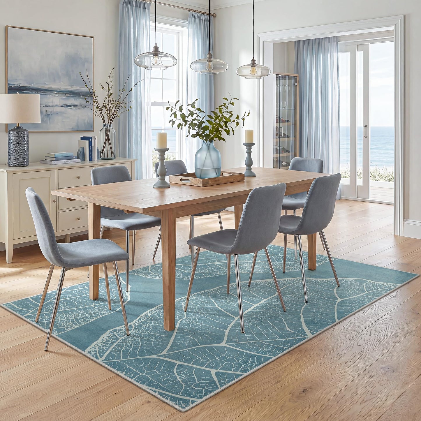 Tribesigns Abstract 5x7 Machine Washable Area Rugs for Living Room, Soft Rug for Bedroom Dining Room, Boho Non-Slip Low Pile Carpet for Entryway Kitchen Decor, Blue Botanical Leaf Print