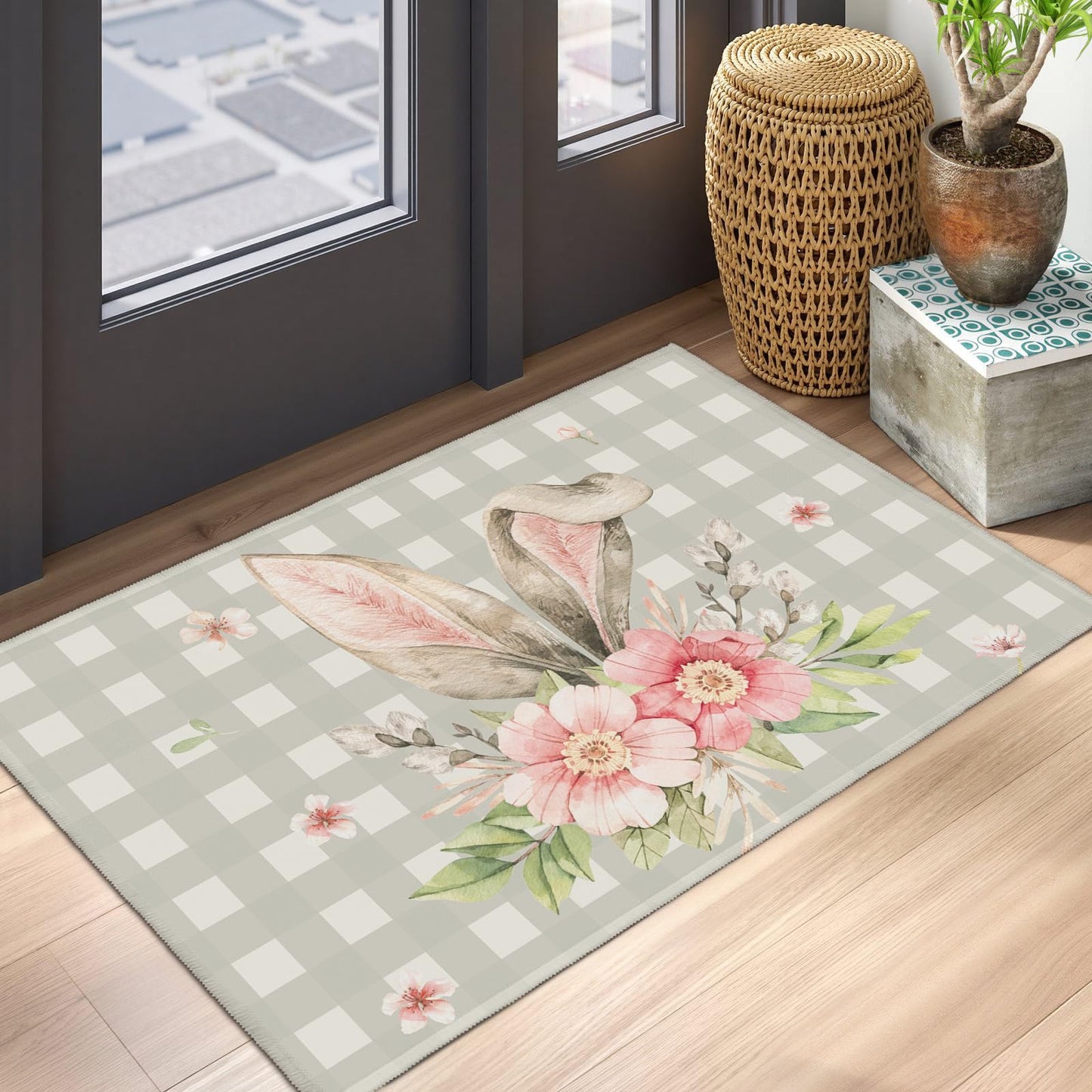 Cryomitron Easter 2x3 Rugs for Entryway Easter Bunny Ear Buffalo Plaids Front Door Mat Indoor Non Slip Low Pile Area Small Rugs Spring Rabbit Floral Throw Rugs for Kitchen Bathroom Bedroom Living Room