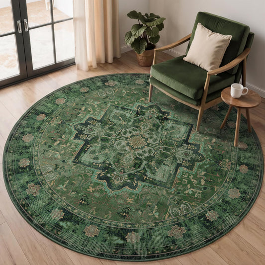 Jainmy Green Round Rugs 6ft for Living Room, Washable Non Slip Low Pile Thin 6 Feet Circle Rug for Dining Room Table Kitchen, Vintage Medallion 6x6 Round Rug Carpet for Bedroom Home Office Nursery