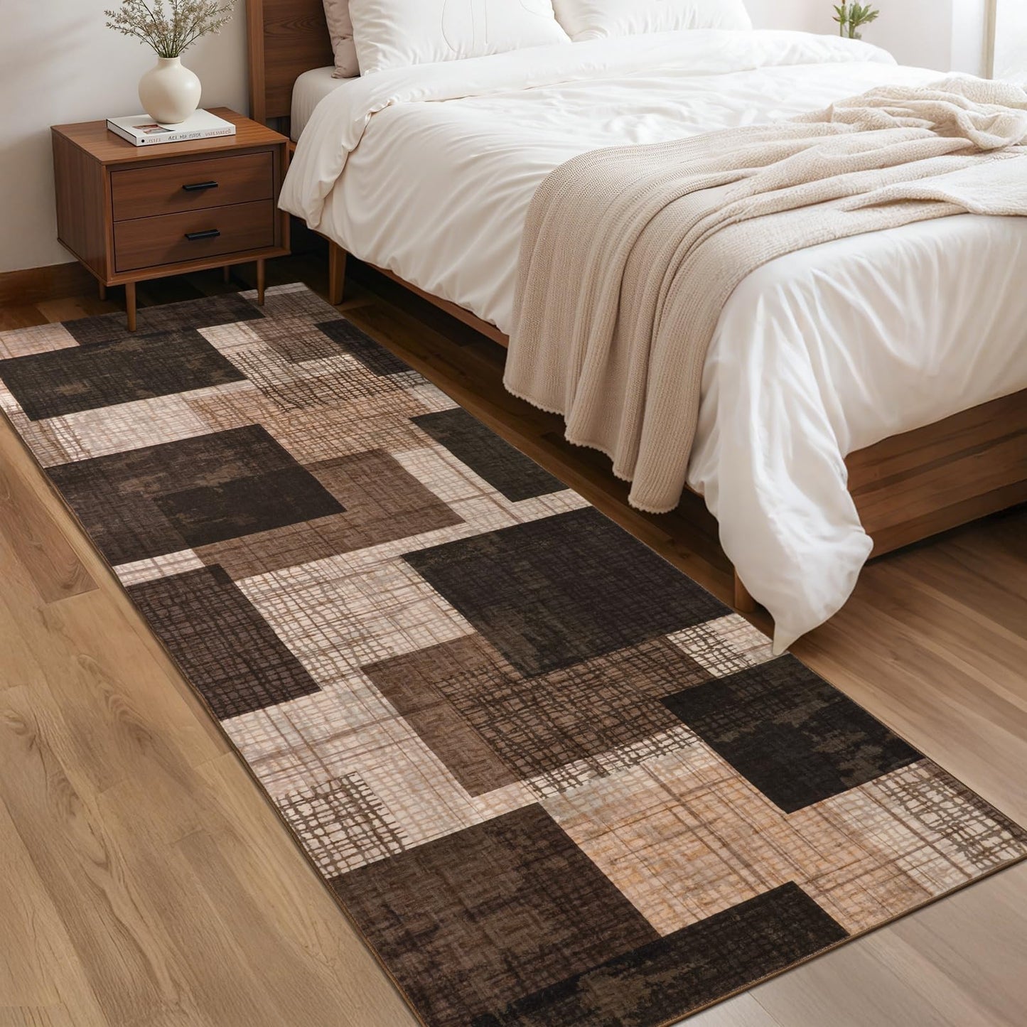 Ailyei Washable 2x8 Runner Rug for Hallway Kitchen Bedroom, Modern Geometric Patchwork Grid Print Non Slip Carpet, Soft Stain Resistant Long Runner with Rubber Backing, Chocolate