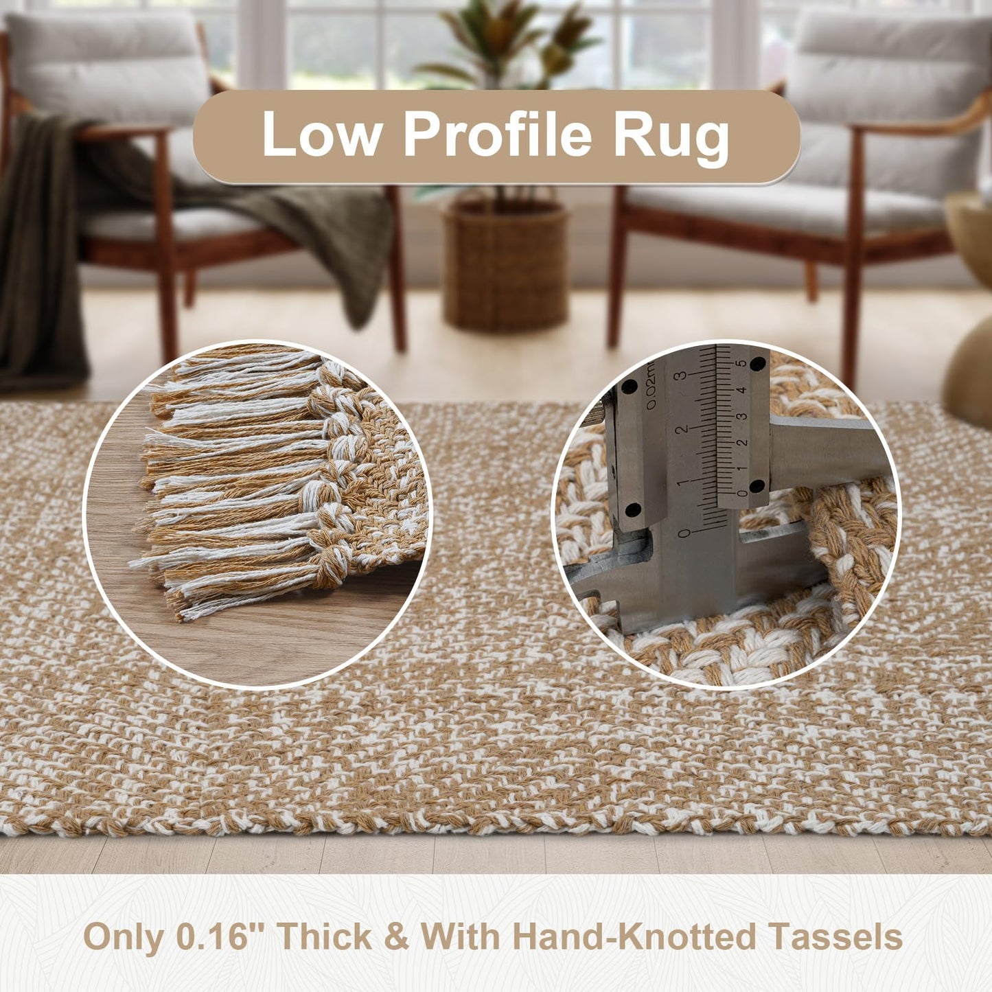 Collive Comfy Area Rug 4' x 6', Tan/Cream Woven Cotton Bedroom Rugs, Modern Indoor Accent Rug Floor Carpet with Tassel for Living Room, Nursery Room, Dining Room, Bedside, Office, Patio Decor