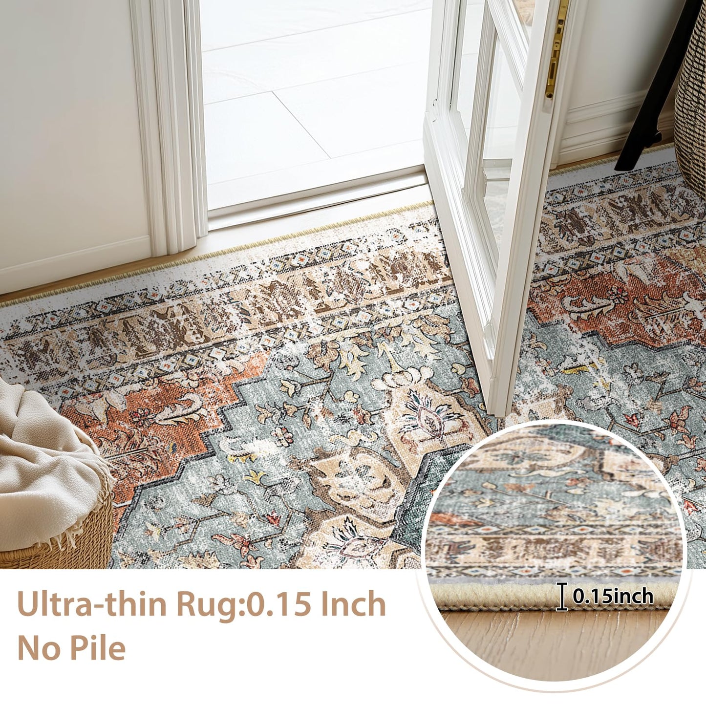 BESTSWEETIE 5x7 Area Rug Washable Rugs for Living Room, No Pile Boho Carpet for Entryway Bedroom Dinning Room, Vintage Carpet Print Distressed Non-Slip, 5 x 7 ft, Green Brick Rust Red