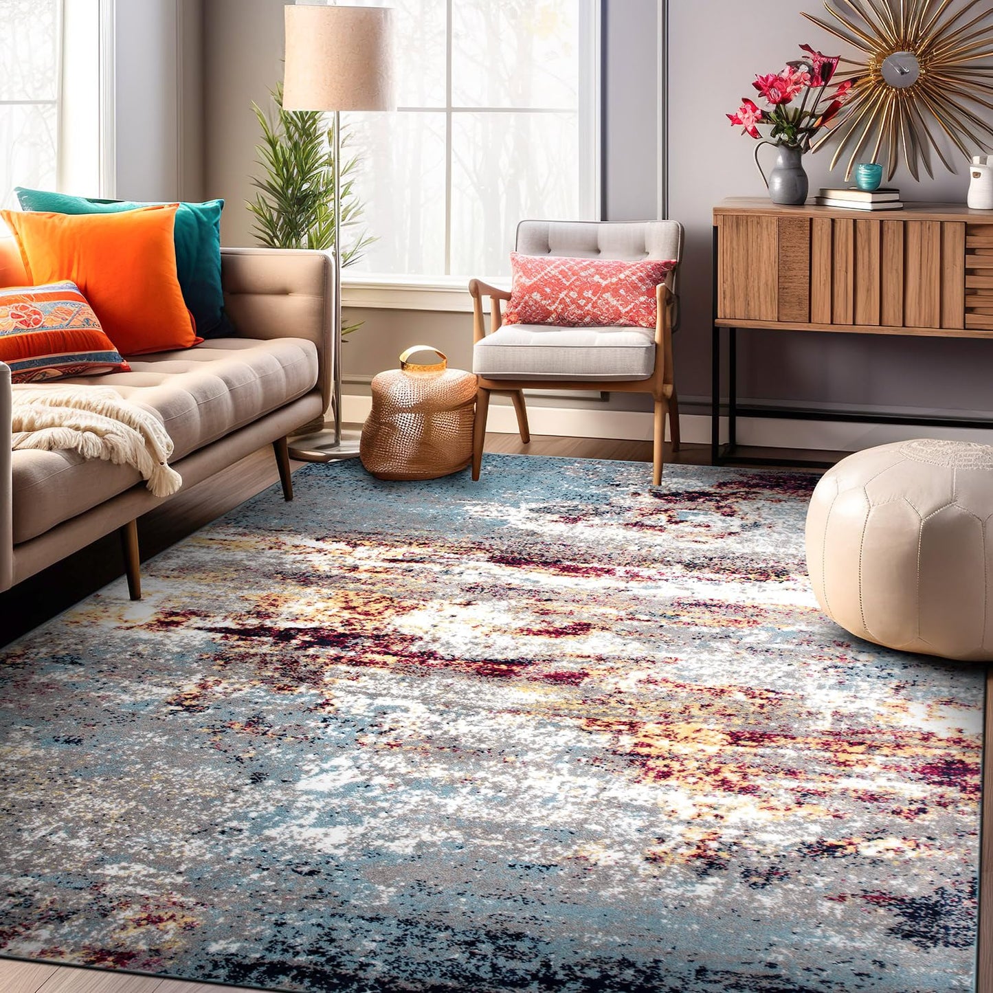 Rugshop Multi Modern Distressed Abstract Area Rug Bohemian Inspired Watercolor for Living Room, Dining Room and Bedroom 5' x 7'