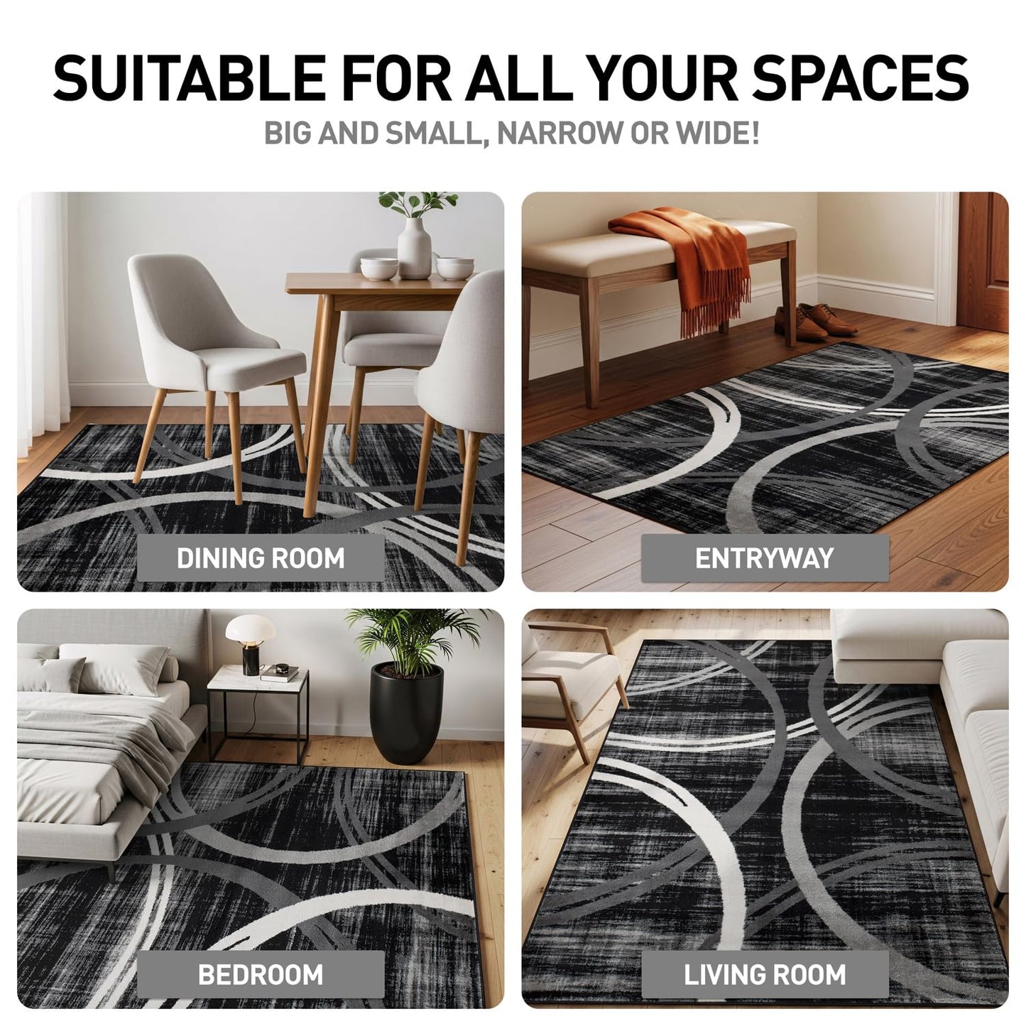 Rugshop Modern Wavy Circles Design Area Rug, Carpet with Jute Backing for Living Room, Bedroom, or Home Office, Black, 5'3" x 7'3"