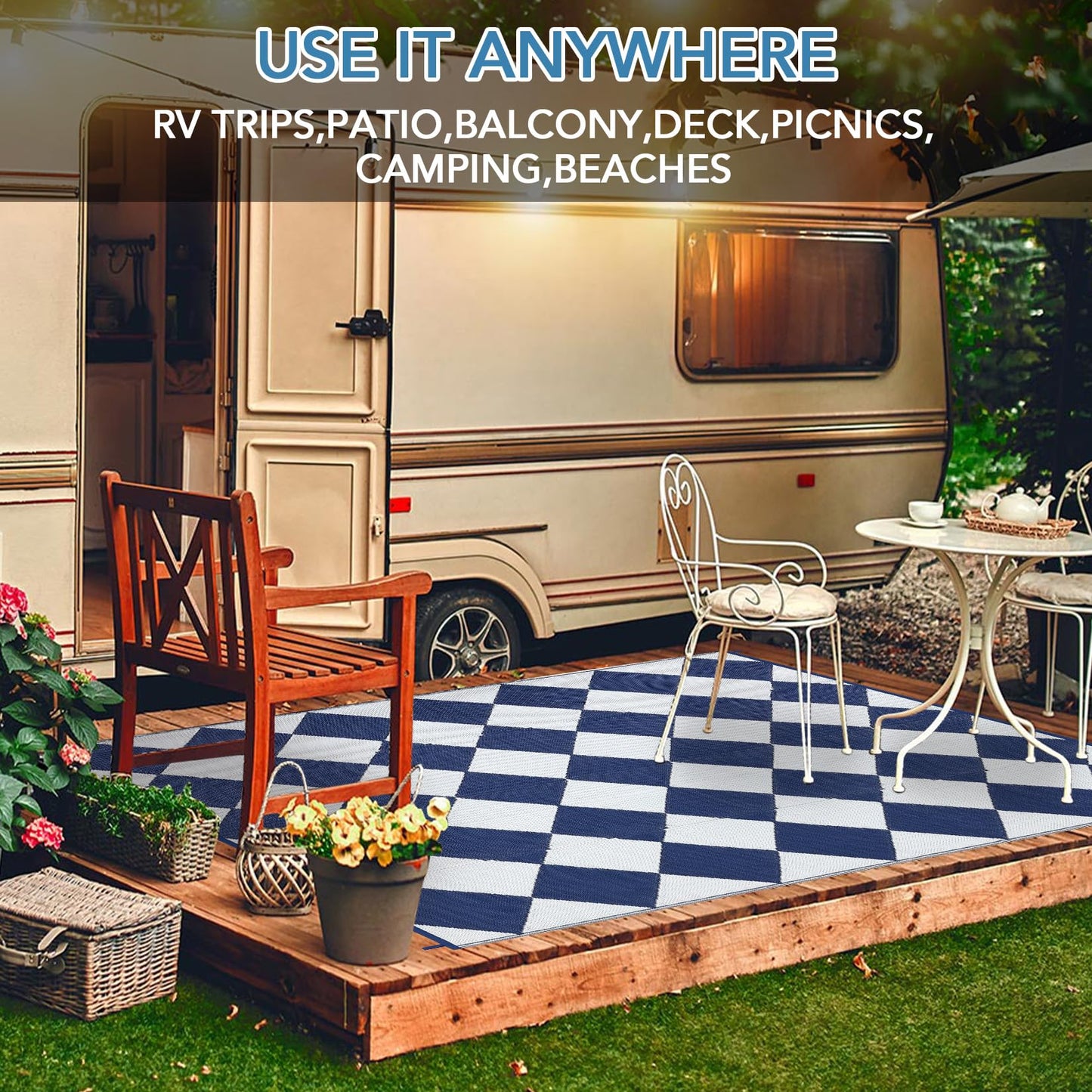 Garvee 9x12 Outdoor Rug for Patio Plastic Straw Rug Waterproof Reversible Mat Lightweight Foldable Carpet Easy Clean Large Rugs for Patio Porch Backyard Camping RV Beach Balcony Deck Checkered Navy