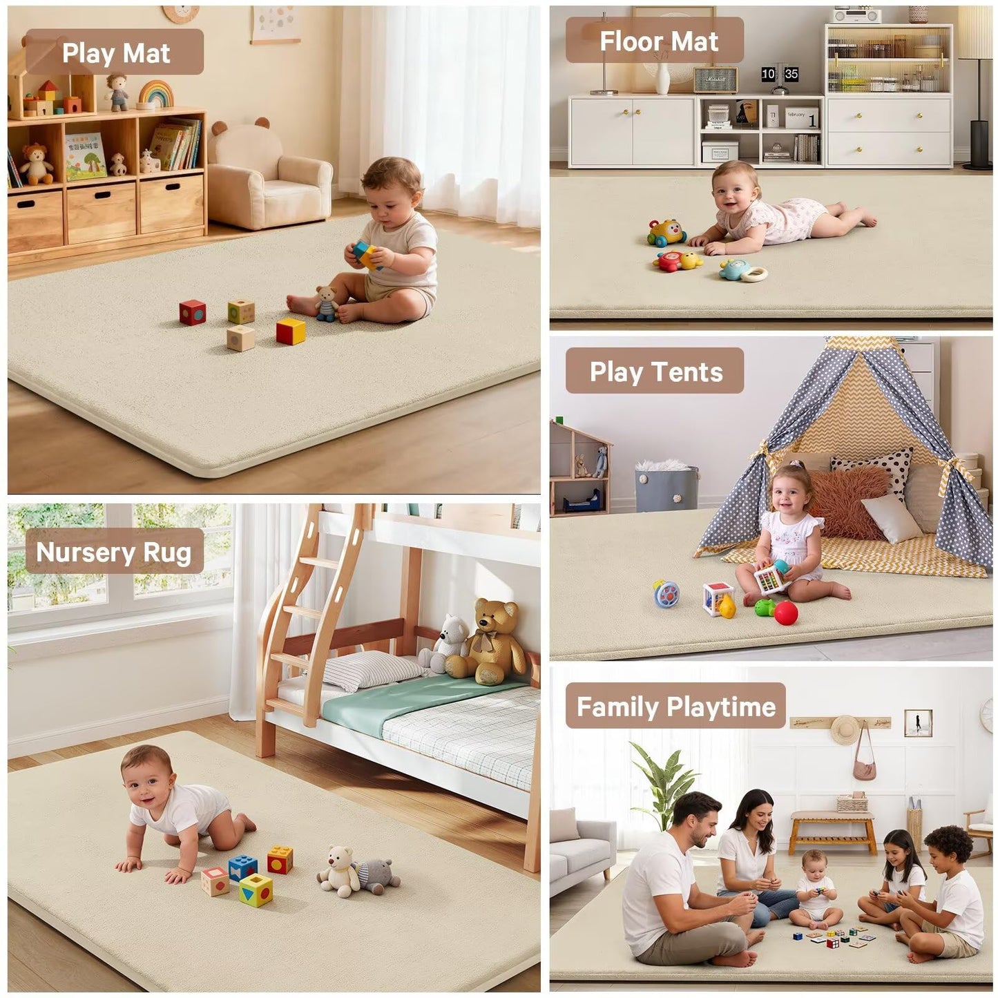 Baby Play Mat for Floor,Ultra Thick Elastic Foam 59"x59" Playmat Tummy Time Muscle Crawling Exercise Activity Cushion Gym Mat Nursery Playroom Area Kids Rug for Babies, Toddlers,Infants,Beige