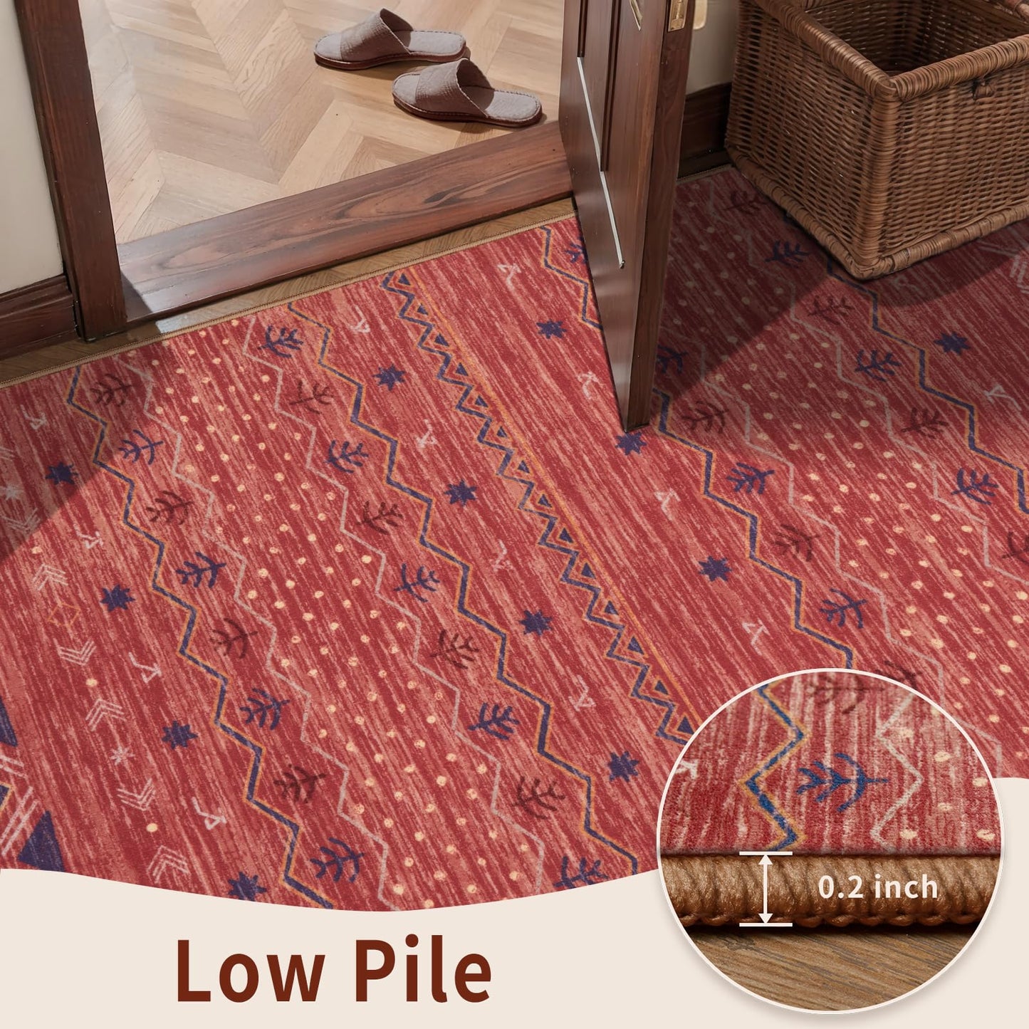 SERISSA 2x5 Kitchen Runner Rug, Washable Non-Slip Red Ochre Boho Rug, Soft Low-Pile Geometric Indoor Carpet for Hallway Laundry Room Bathroom Bedroom Entryway