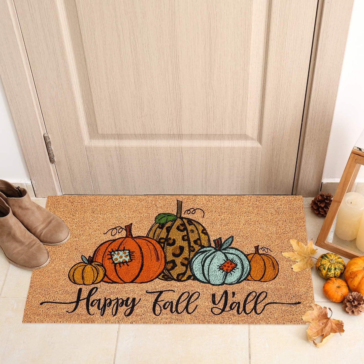 JarThenaAMCS Fall Natural Coir Doormat Autumn Pumpkin Floor Mat Rustic Farmhouse Non-Slip Rectangle Entrance Door Rug for Thanksgiving Harvest Indoor Outdoor Bathroom, 16.5 x 29.1 in