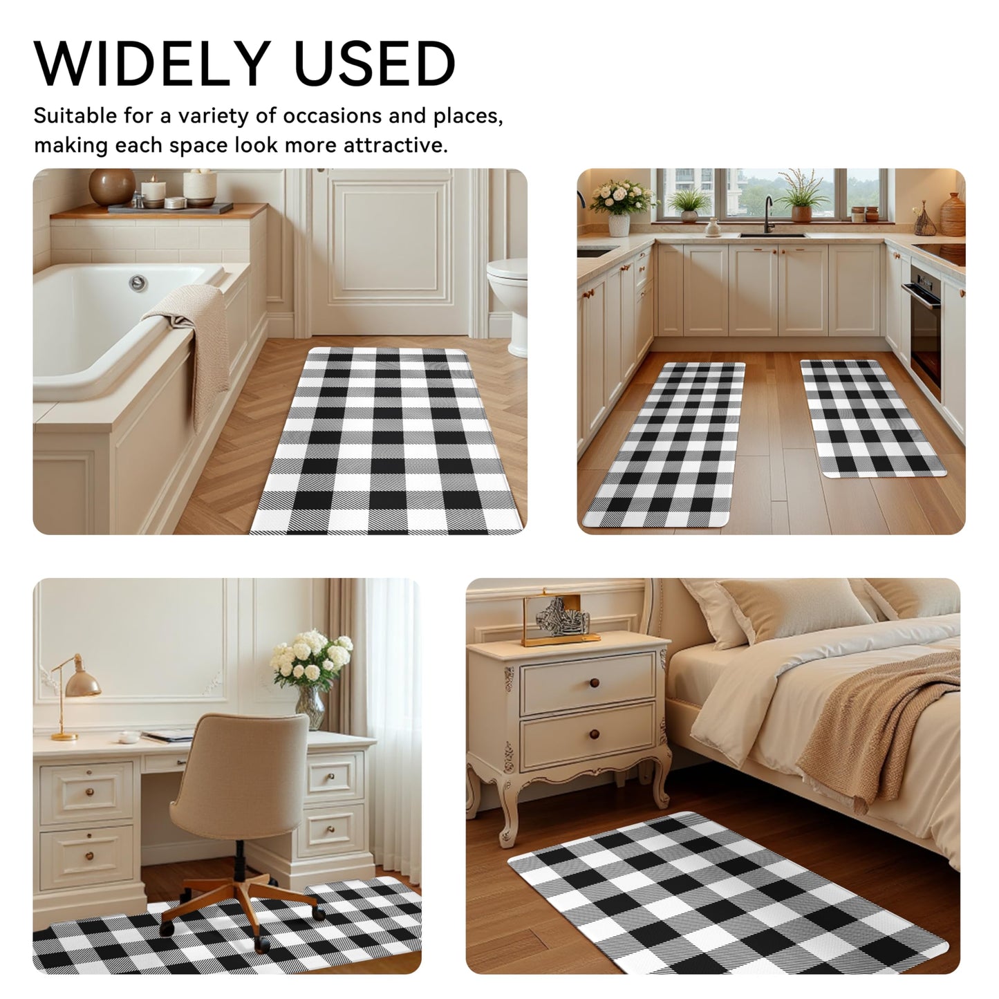 VivaNest Black Buffalo Check Plaid Grid Kitchen Rug Sets [2 PCs], Anti-Fatigue, Waterproof Non-Slip Kitchen Mats Heavy Duty Ergonomic Comfort Foam Rug for Floor, Home, Laundry,17.3"x29"+17.3"x47"